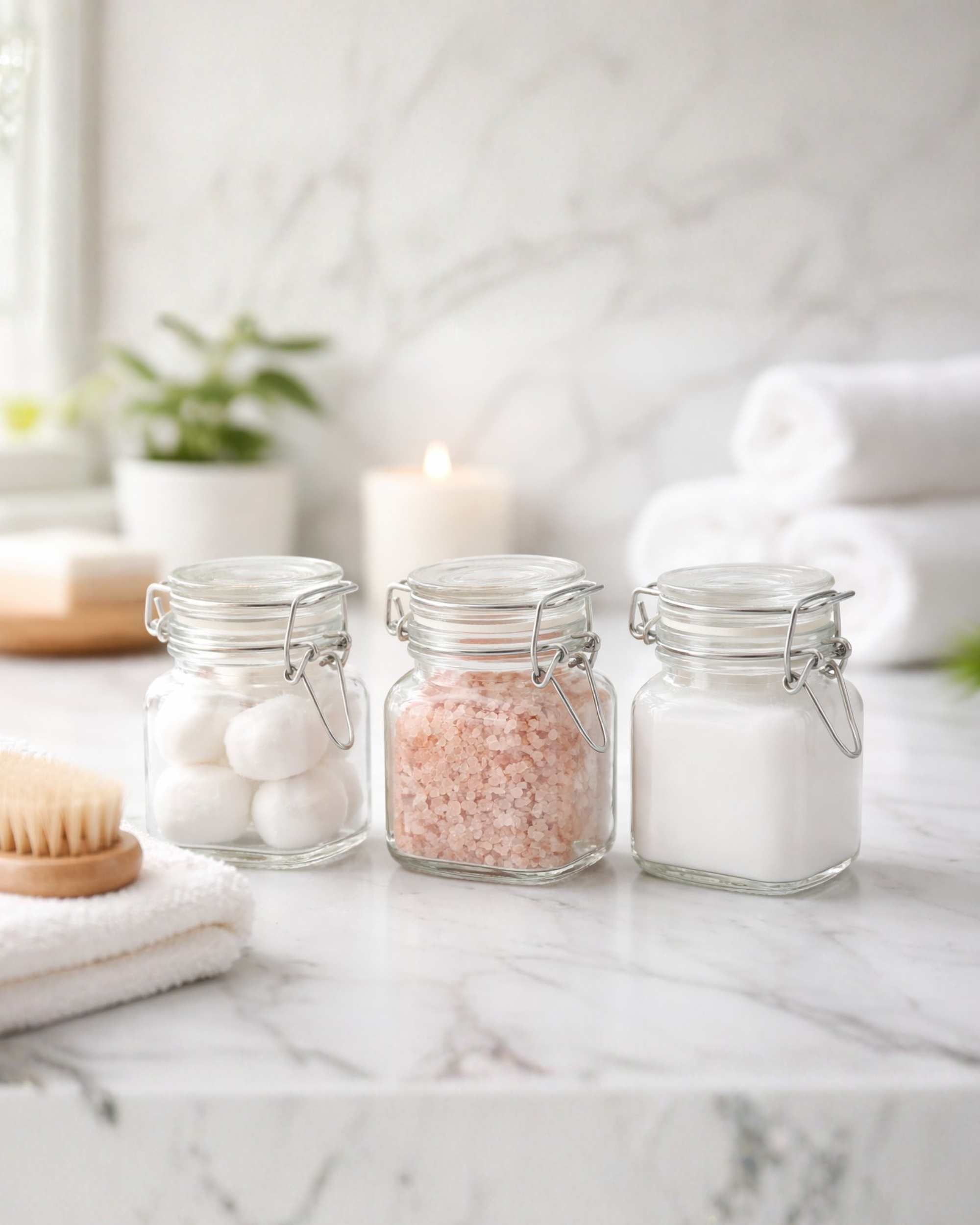 Airtight square glass jars with clip-top lids, filled with cotton balls and salts