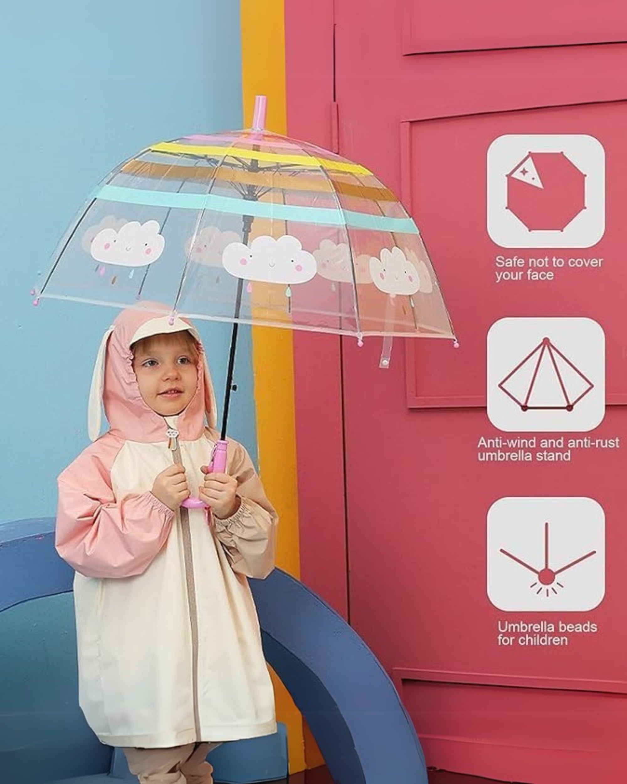 Premsons® Magic Cloud Clear Rainbow Transparent Umbrellas With Handle for Girls -(Pink)
