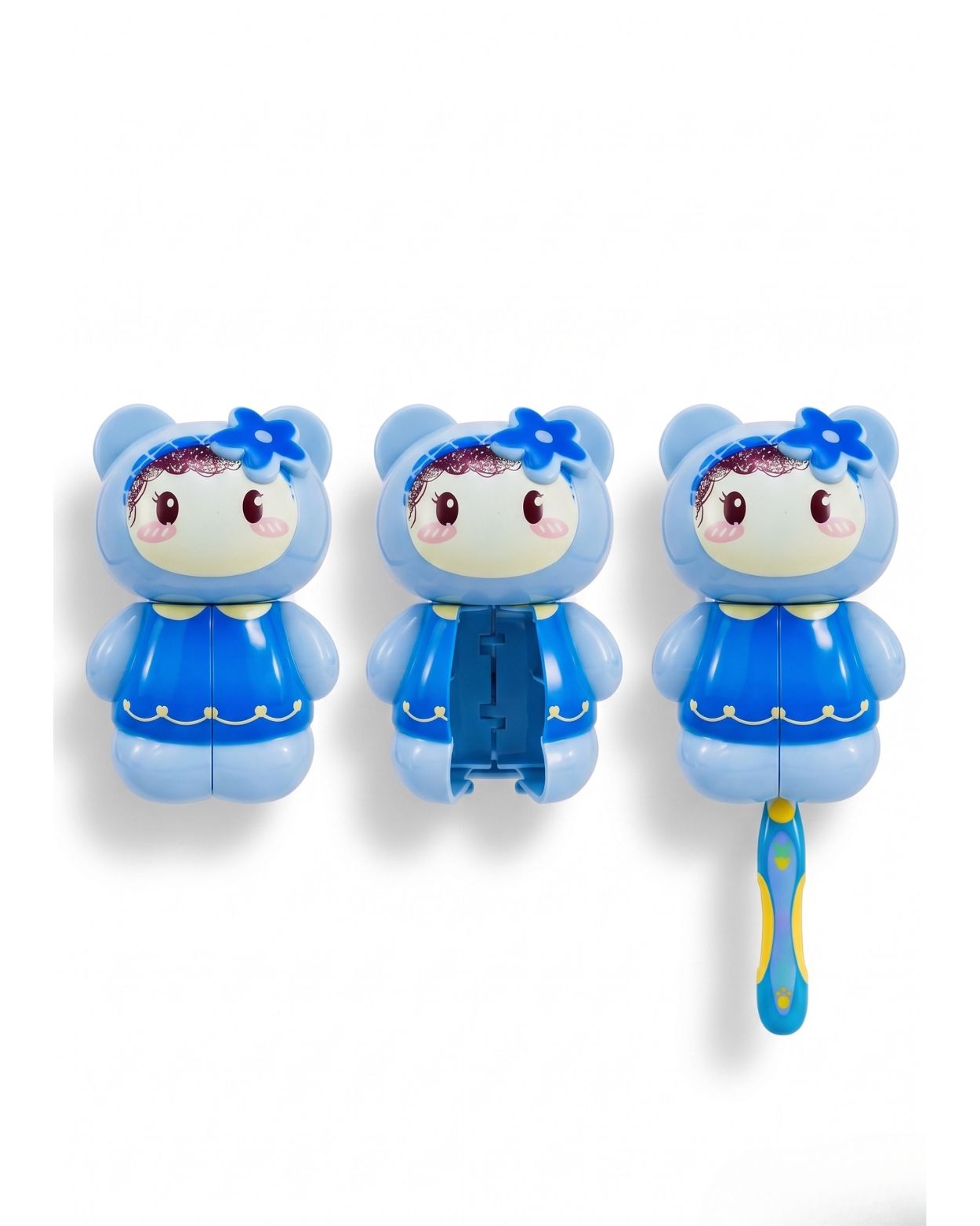 Three blue cartoon toothbrush holders with character faces and one toothbrush attached