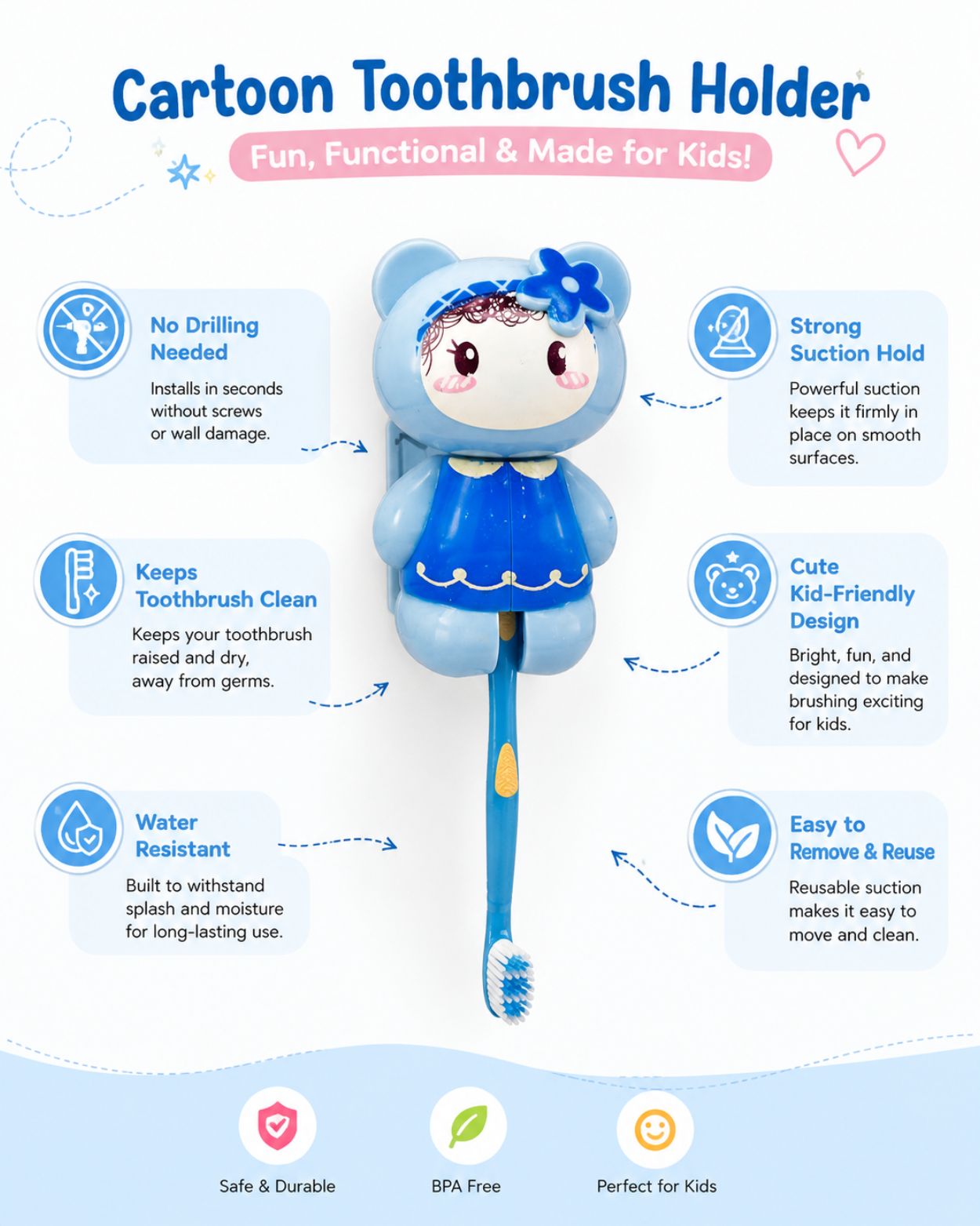 Blue cartoon toothbrush holder featuring a girl character with a long handle toothbrush