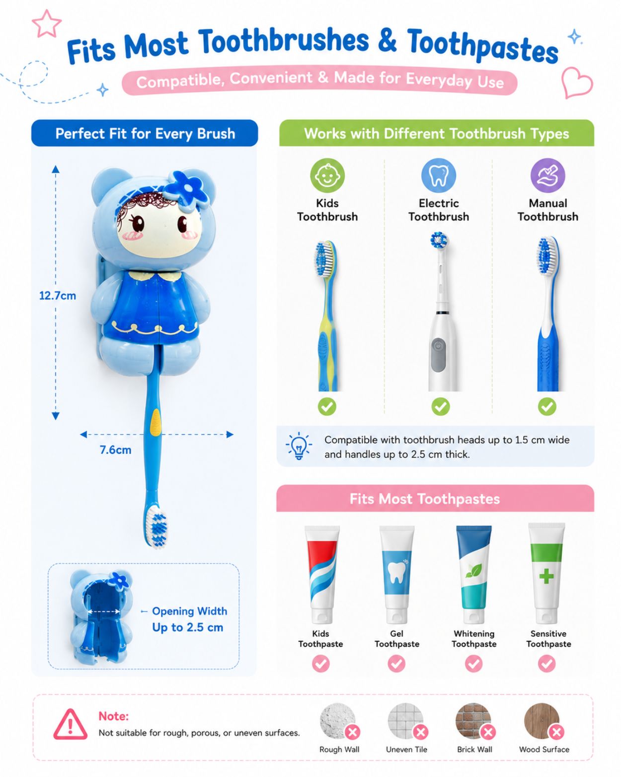 Blue cartoon toothbrush holder with character face and dimensions diagram