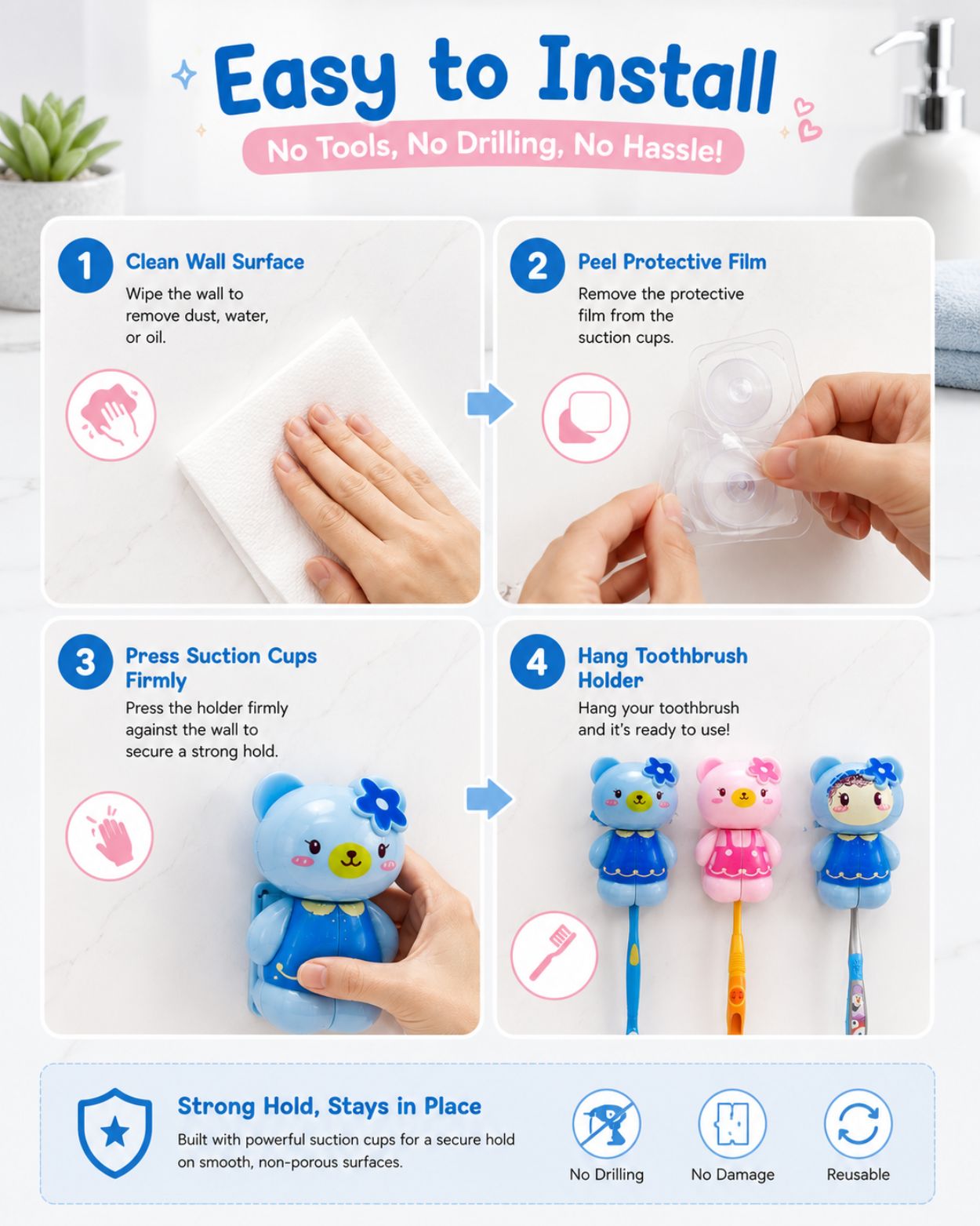 Blue cartoon toothbrush holder shown during wall installation with suction cups