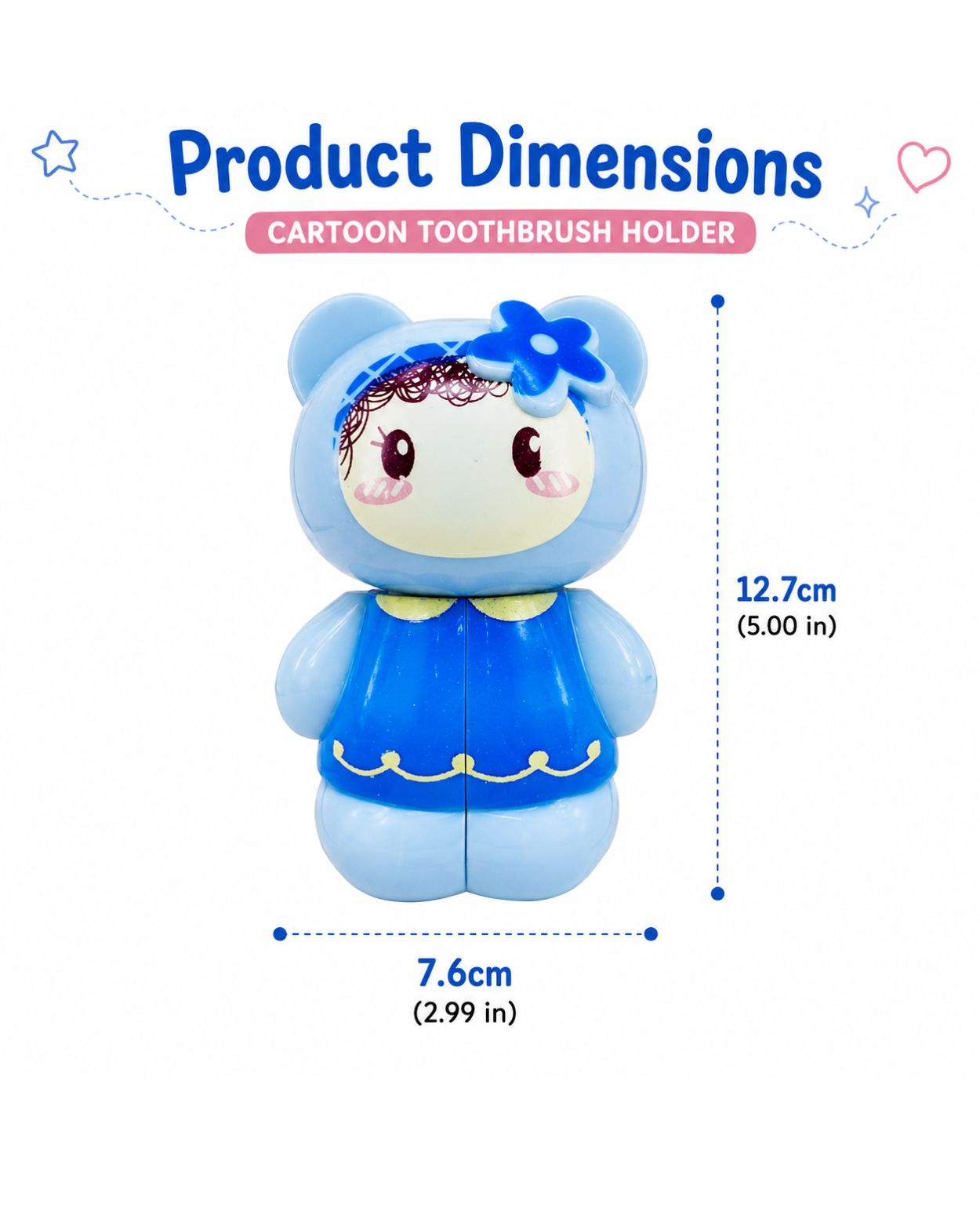 Blue cartoon toothbrush holder character with product dimensions shown