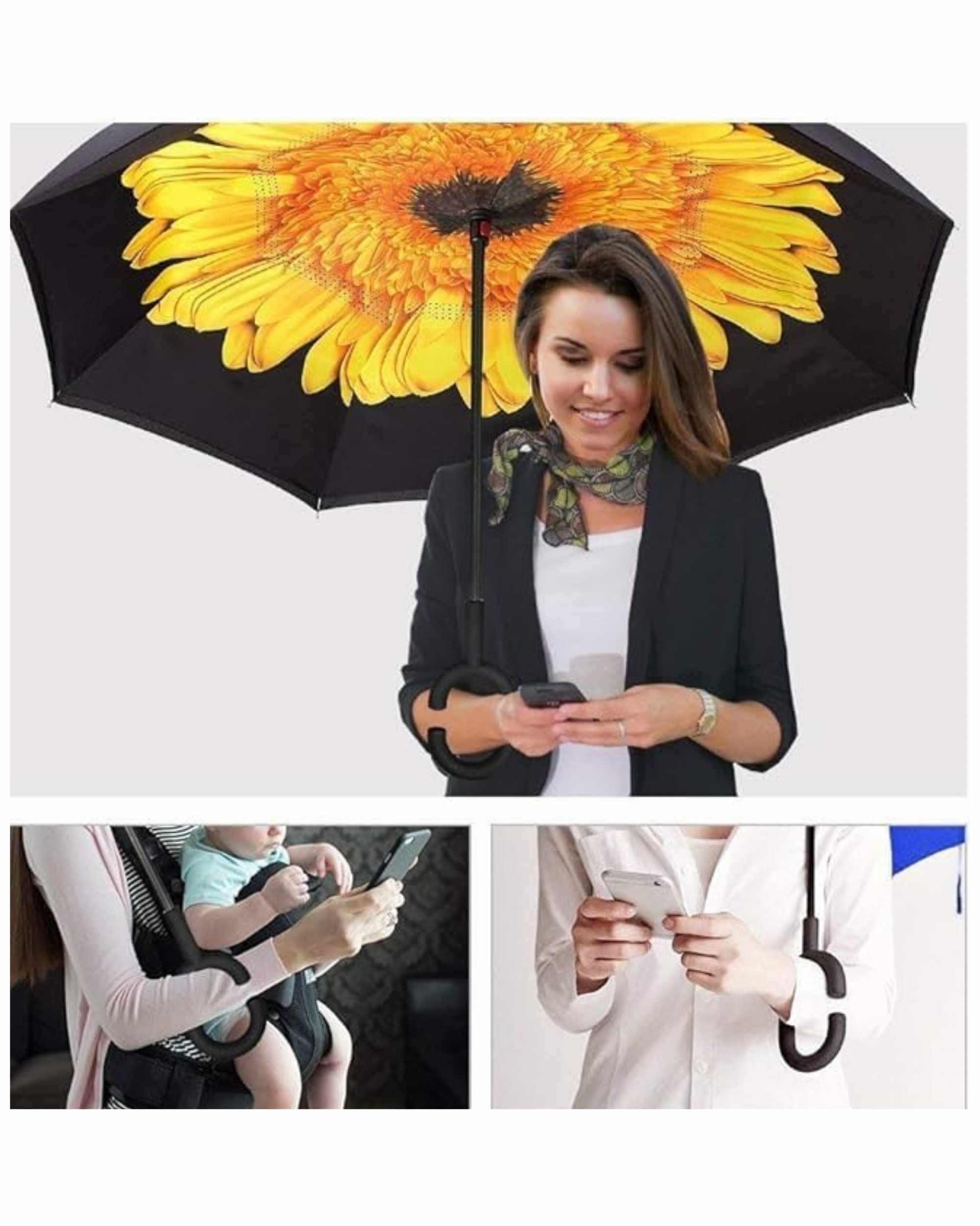 Upside Down® Inverted Umbrella with Flower Print – Windproof Double Layer Rain Protection with Hands-Free C-Shaped Handle | Reverse Closing Umbrella for Car, Travel & Daily Use