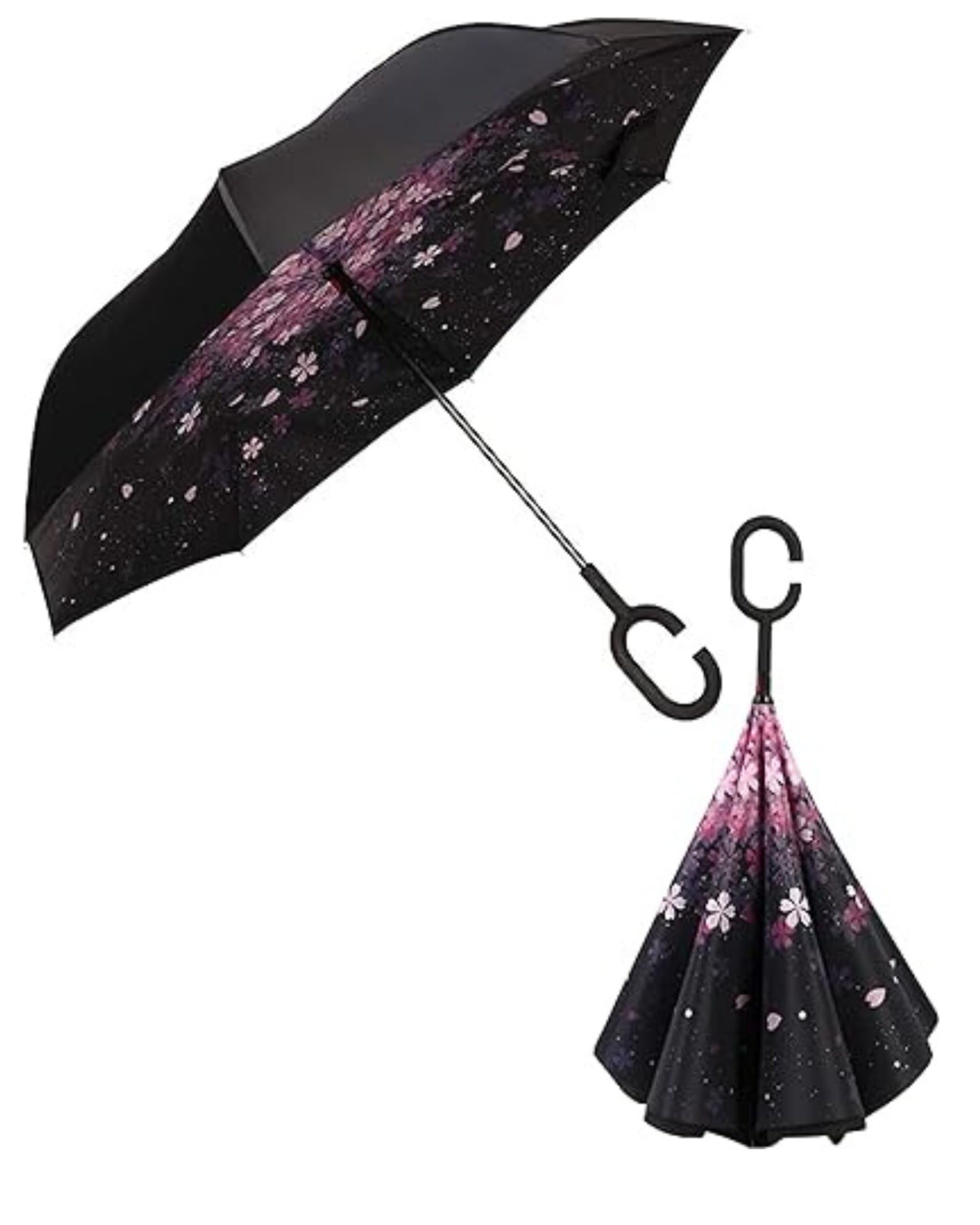 Upside Down® Windproof Inverted Umbrella – Double Layer Rain Umbrella with Floral Print | C-Shaped Handle for Hands-Free Use – Reverse Folding for Car & Travel