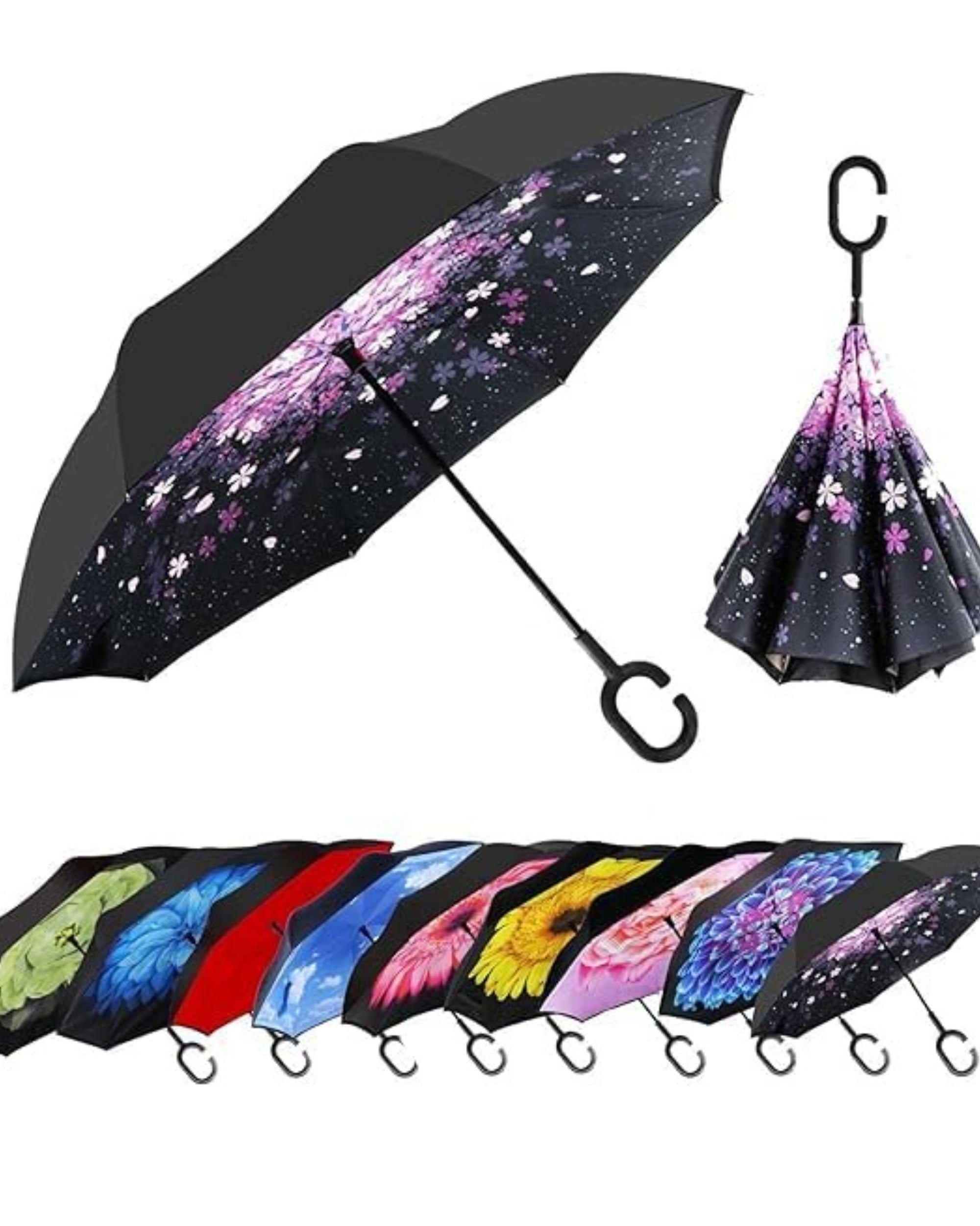 Upside Down® Inverted Umbrella with Flower Print – Windproof Double Layer Rain Protection with Hands-Free C-Shaped Handle | Reverse Closing Umbrella for Car, Travel & Daily Use