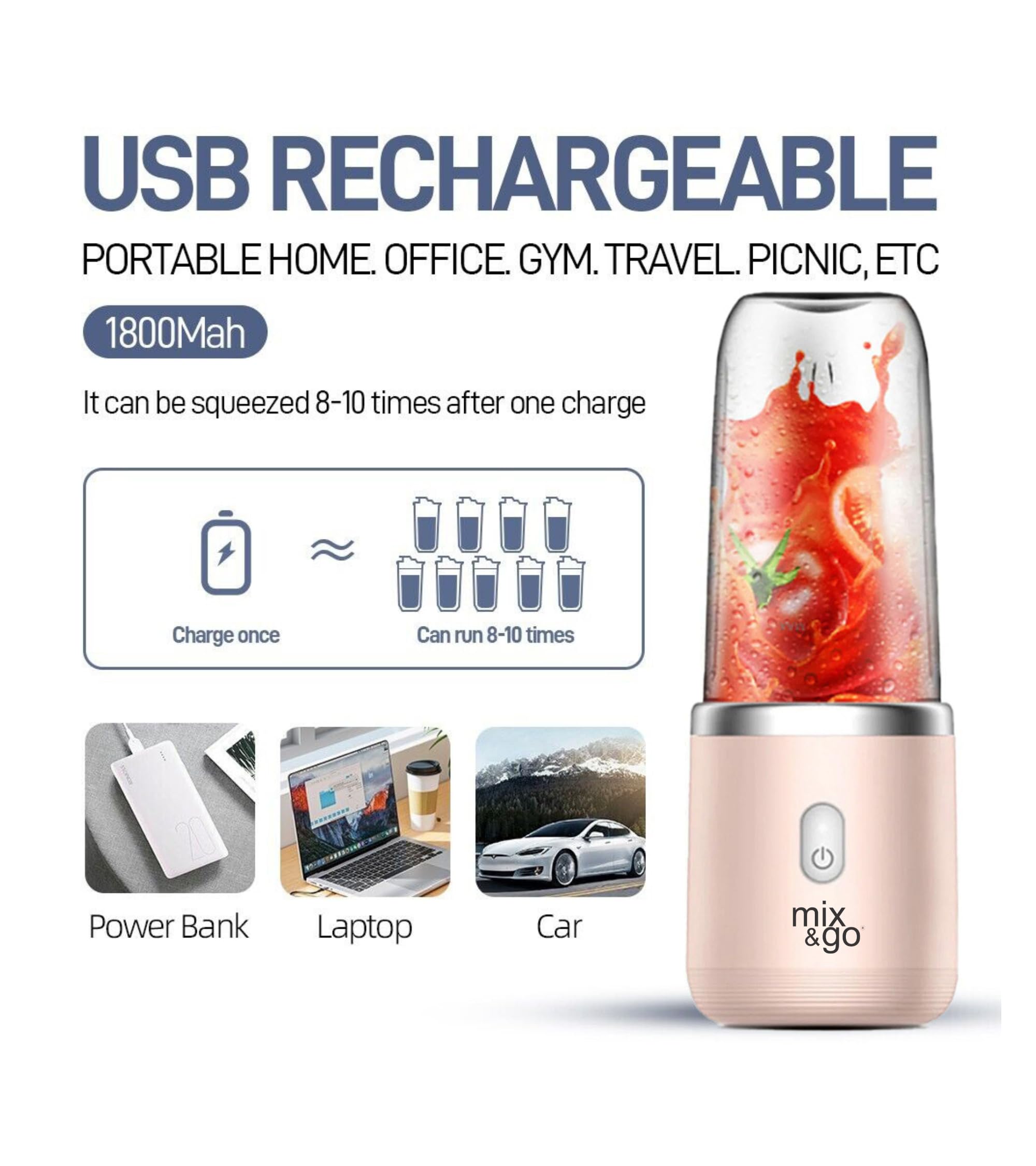 Mix & Go® USB Rechargeable Portable Mini Juicer Blender | Small Size Blender for Smoothies, Juices, Shakes | Compact & Travel Friendly