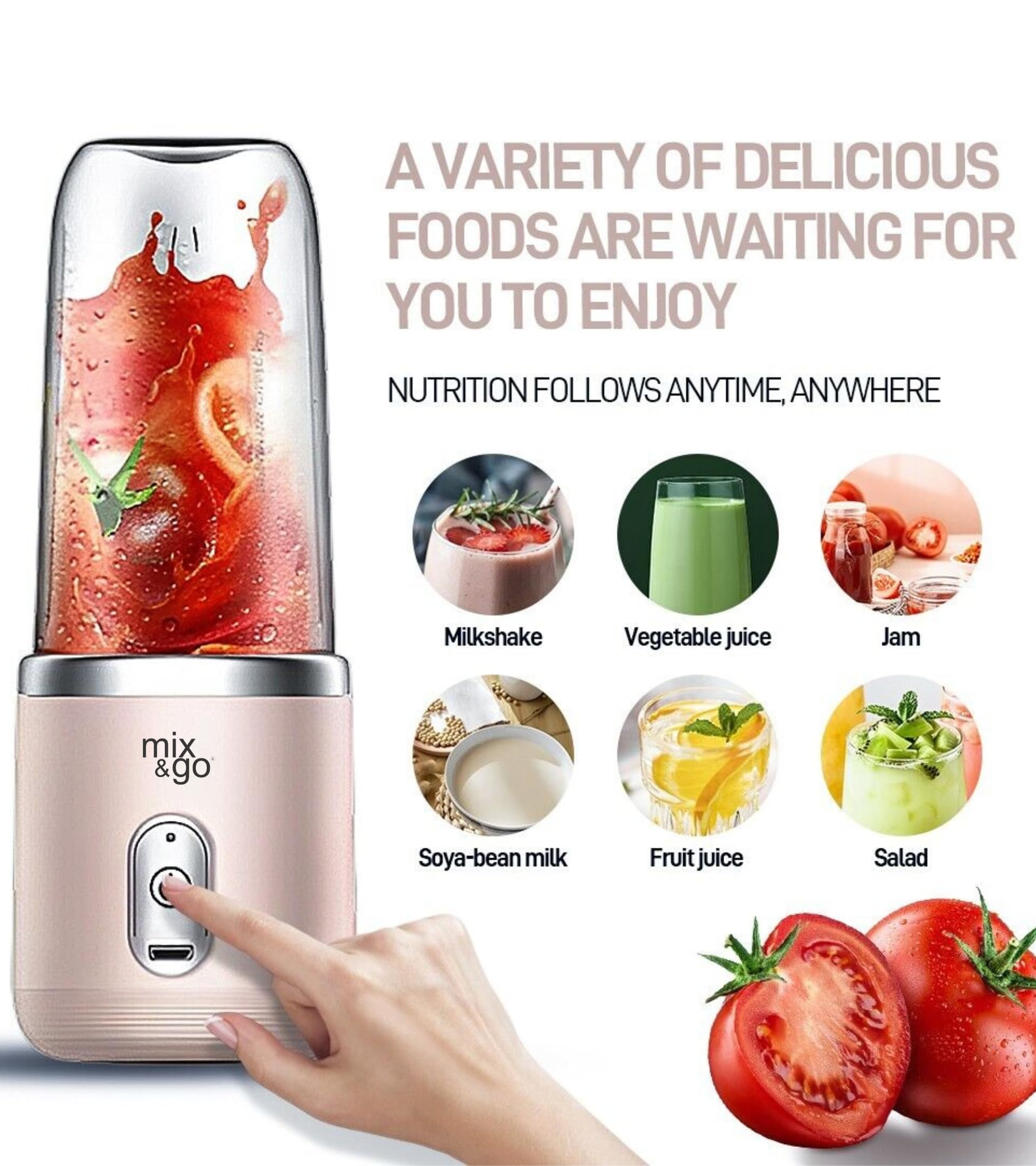Mix & Go® USB Rechargeable Portable Mini Juicer Blender | Small Size Blender for Smoothies, Juices, Shakes | Compact & Travel Friendly