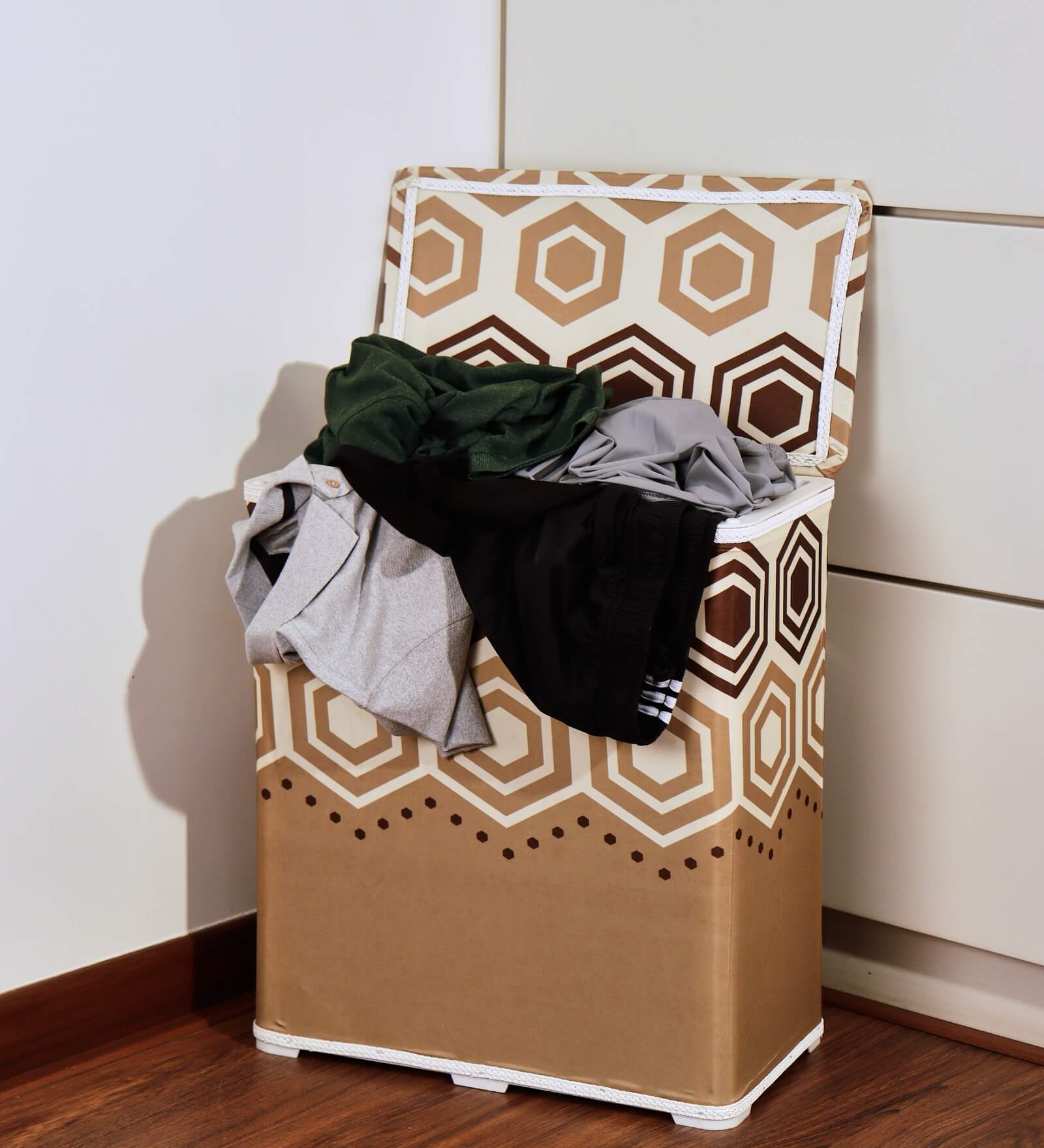 Premsons® Foldable Fabric Laundry Basket – Durable Storage Hamper for Clothes, Toys & More – Hexagon Design in Beige & Brown