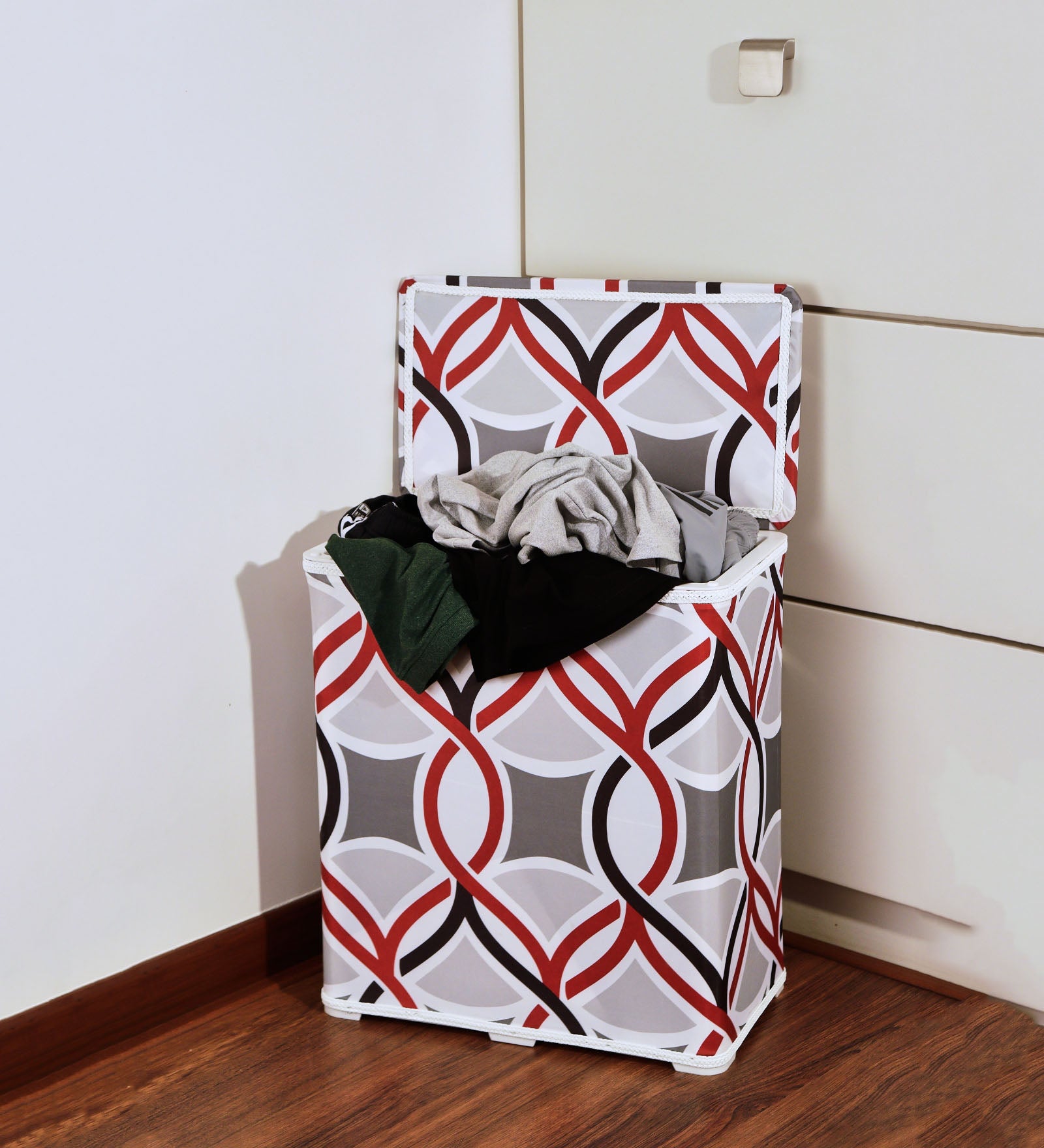 Premsons® Foldable Fabric Laundry Basket – Durable Storage Hamper for Clothes, Toys & More – Lattice Design in Grey & Red