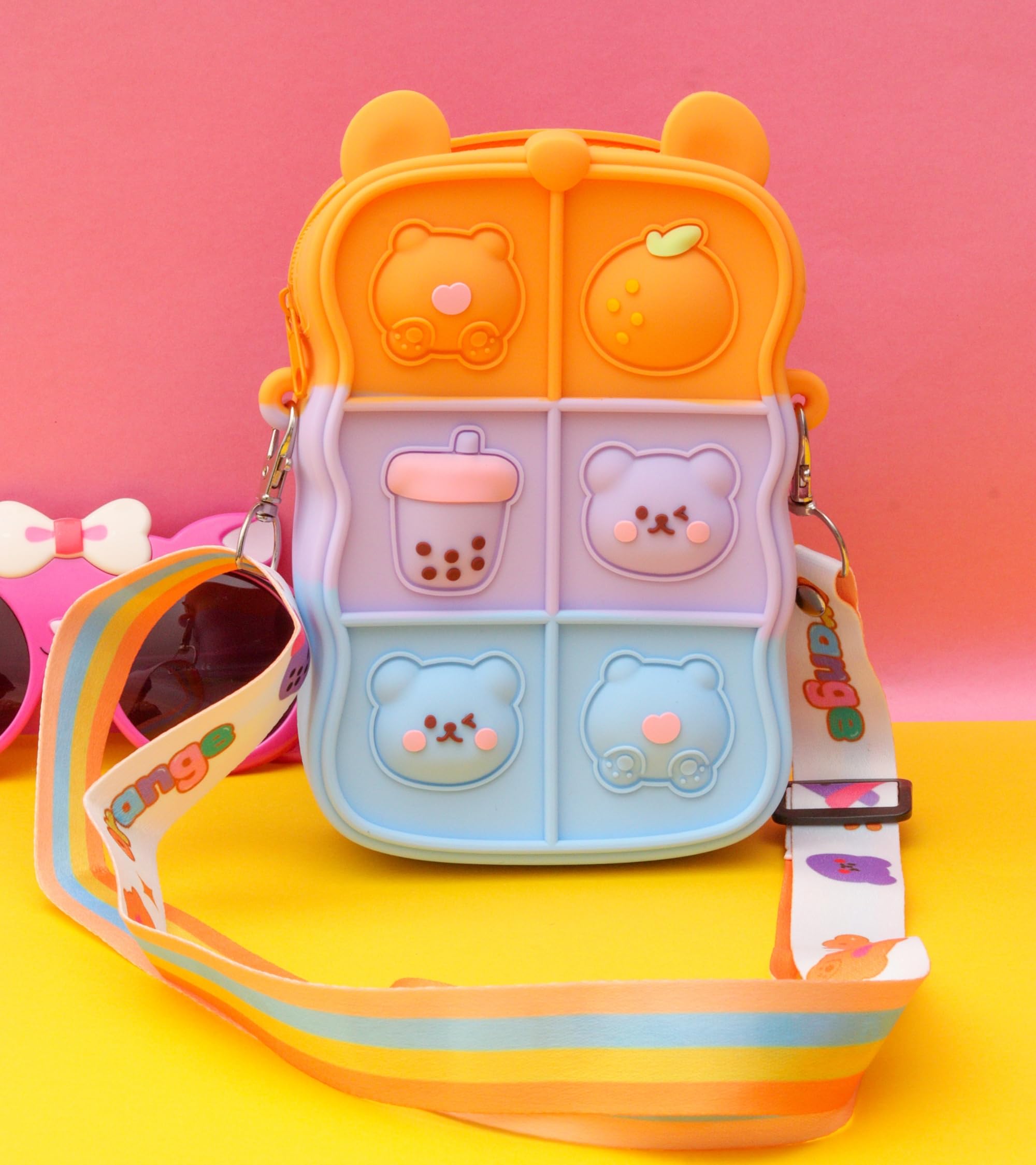 Premsons® Silicone Pop It Sling Bag for Kids – Fun & Functional Mobile Holder with Sensory Fidget Design | Crossbody Bag - (Orange, Purple, Blue)