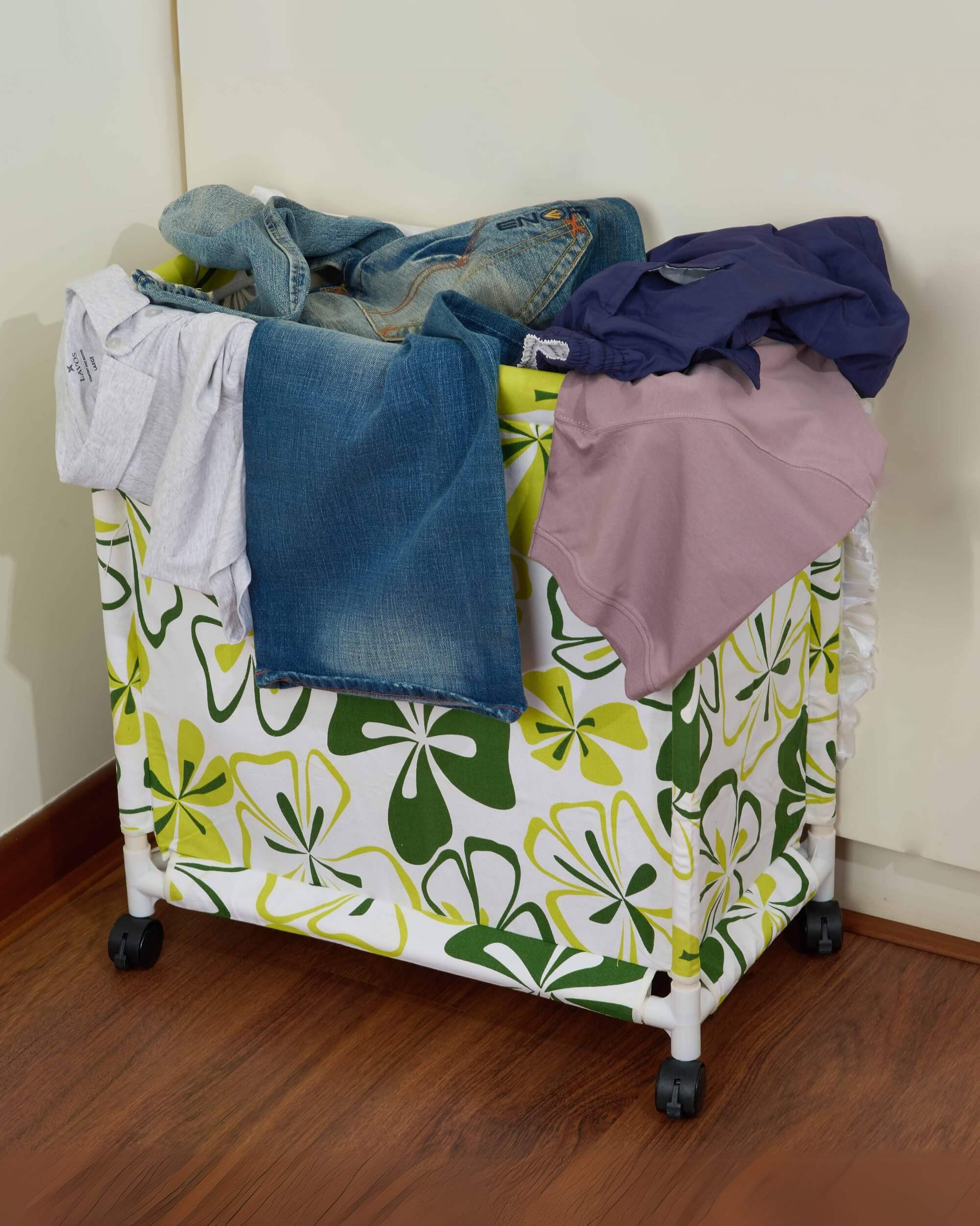 Premsons Fabric Laundry Hamper with Lid Cover Rolling Clothes Basket Trolley with Wheels Green and White Durable Storage Organizer