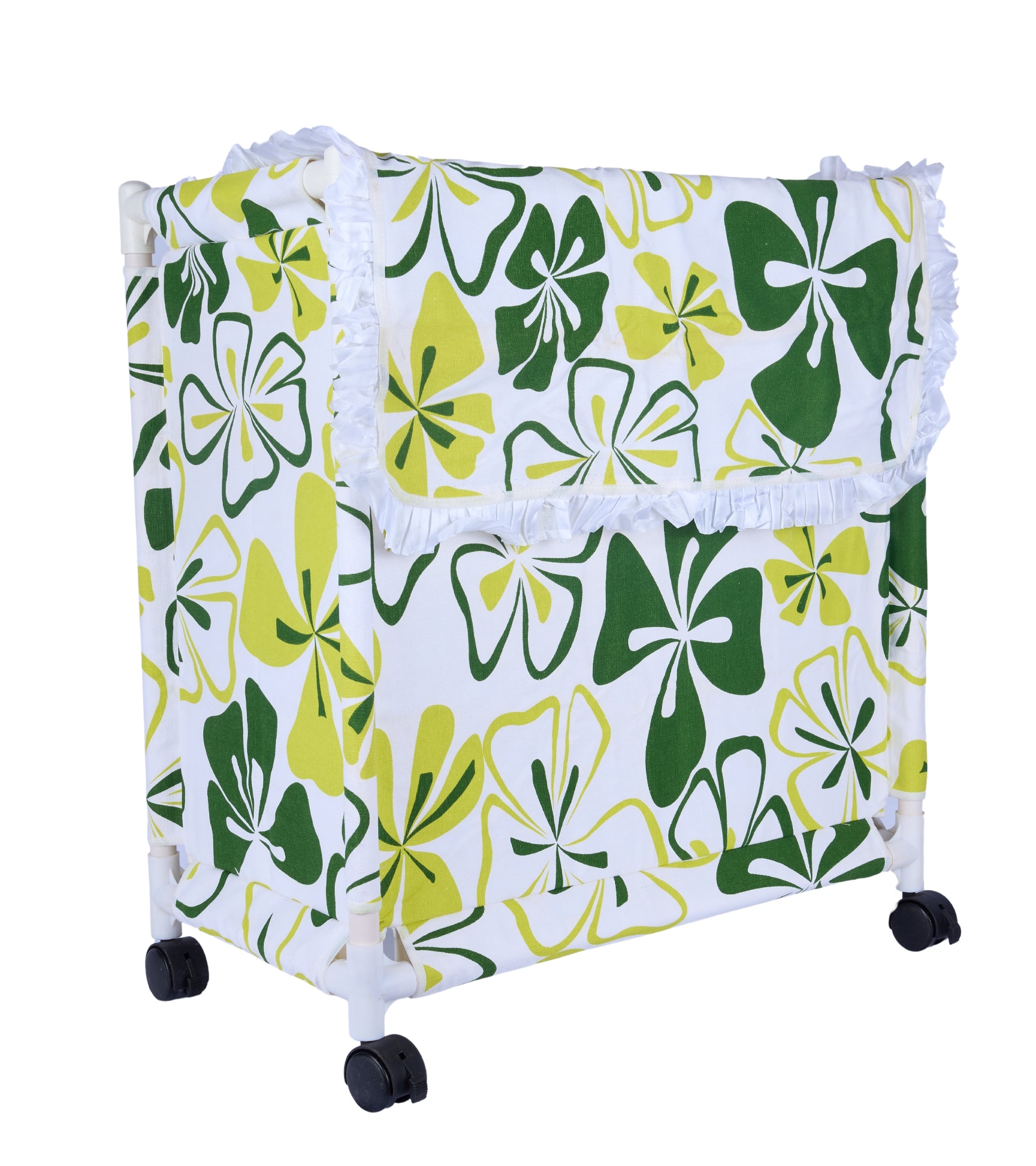 Premsons Fabric Laundry Hamper with Lid Cover Rolling Clothes Basket Trolley with Wheels Green and White Durable Storage Organizer
