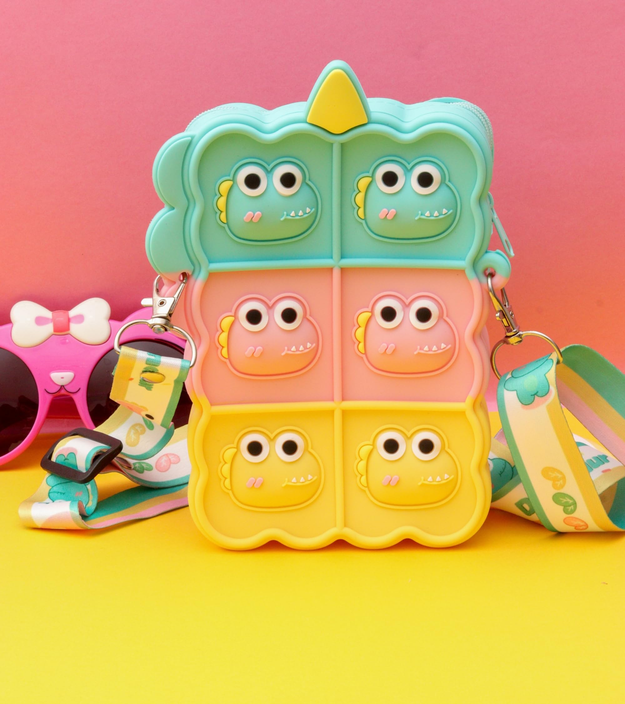 Premsons® Silicone Pop It Sling Bag for Kids – Fun & Functional Mobile Holder with Sensory Fidget Design | Crossbody Bag  - (Green, Pink & Yellow)