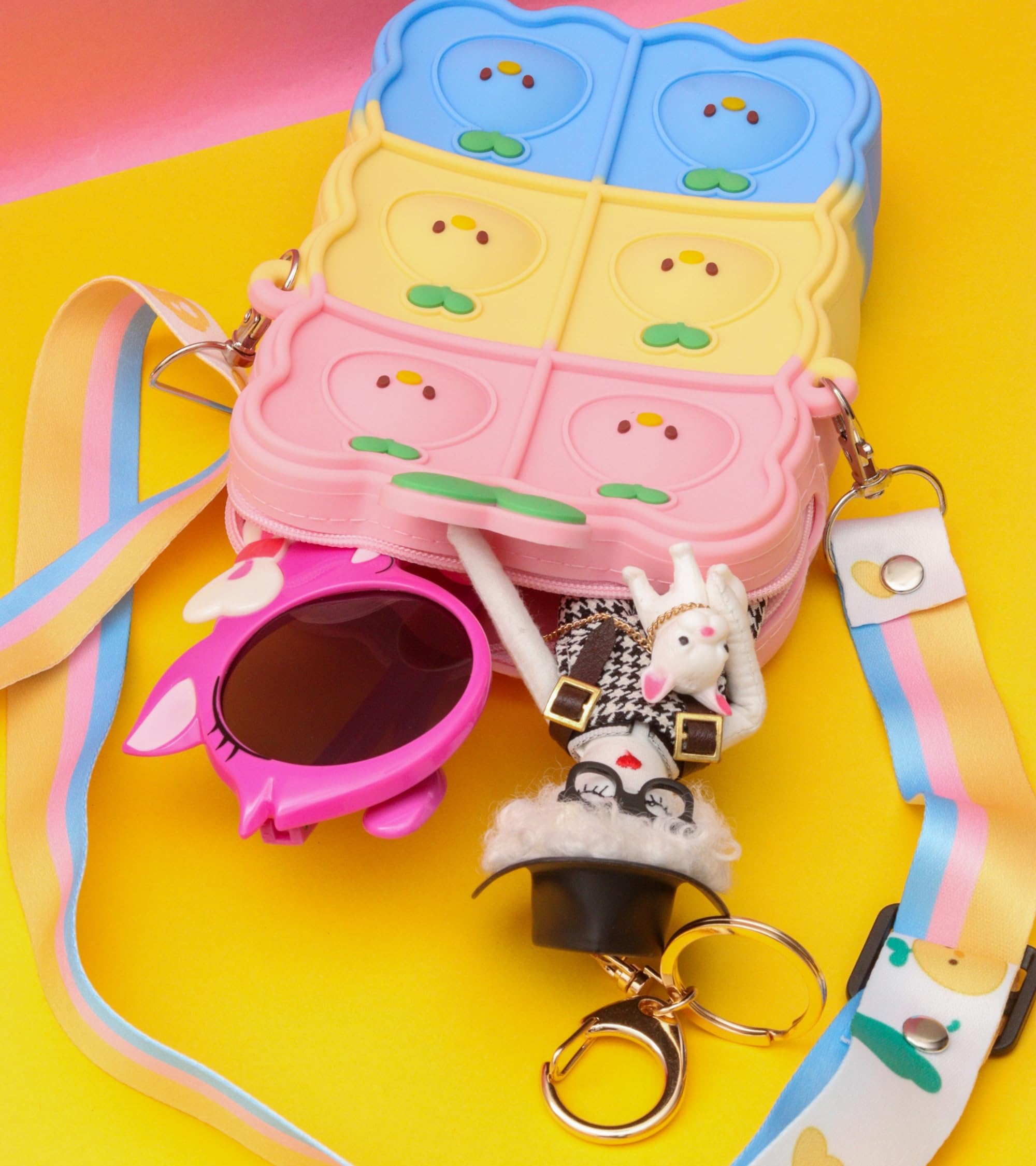 Premsons® Silicone Pop It Sling Bag for Kids – Fun & Functional Mobile Holder with Sensory Fidget Design | Crossbody Bag - (Pink,Yellow & Blue)