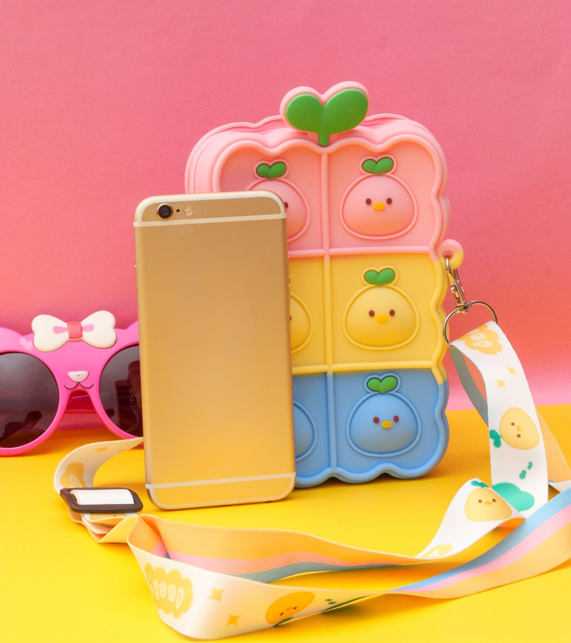 Premsons® Silicone Pop It Sling Bag for Kids – Fun & Functional Mobile Holder with Sensory Fidget Design | Crossbody Bag - (Pink,Yellow & Blue)