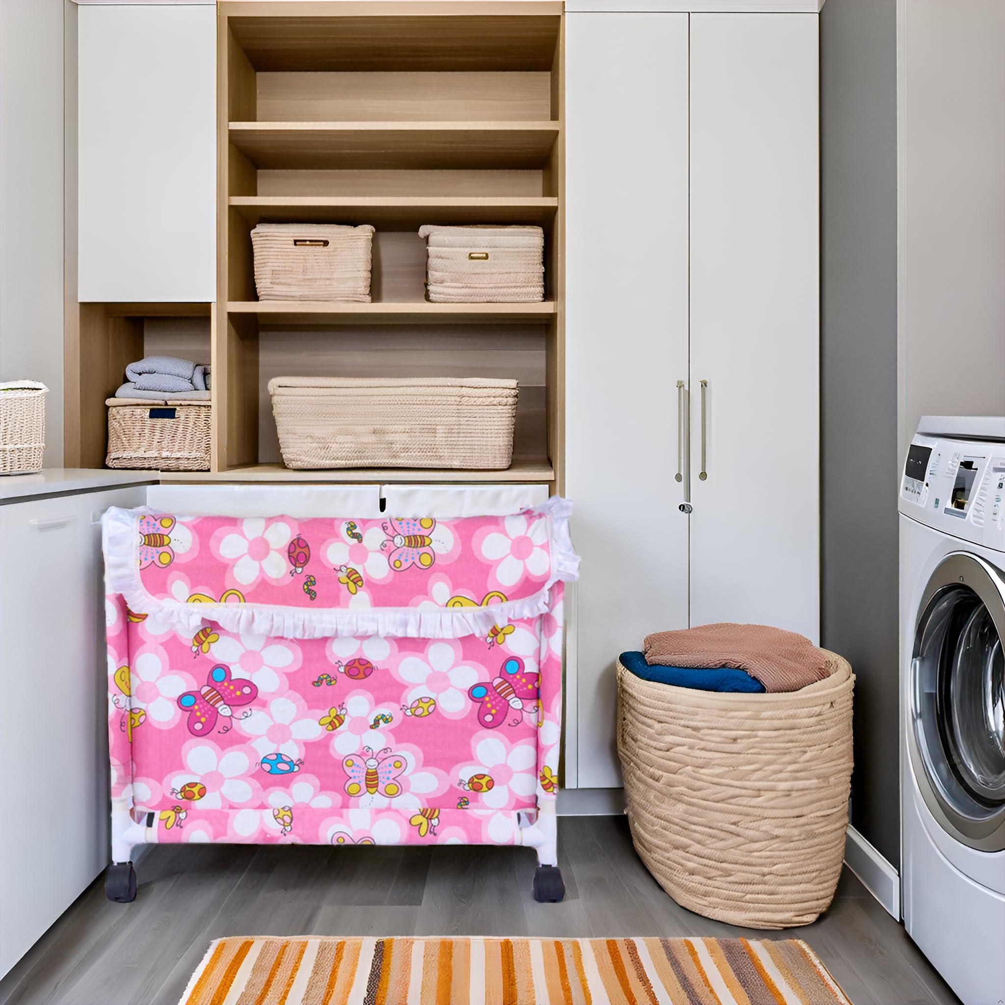 Premsons® Fabric Laundry Hamper with Lid Cover -Rolling Laundry Clothes Basket Trolley- with Wheels (Pink)