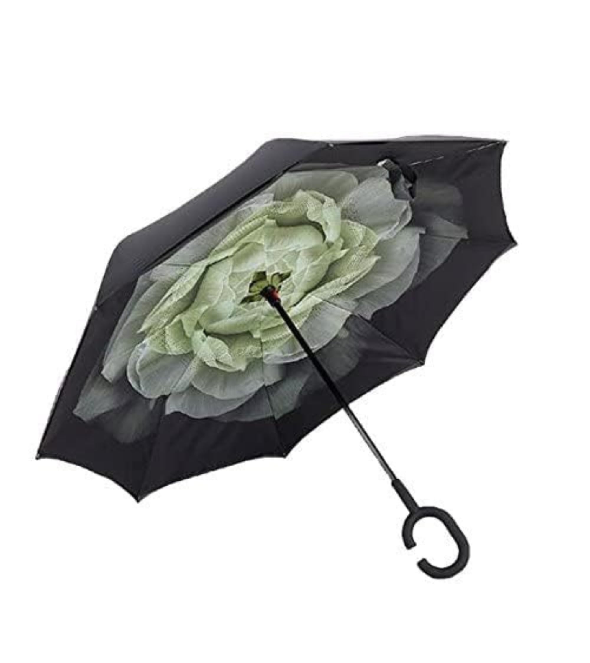 Upside Down® Inverted Umbrella with Flower Print – Windproof Double Layer Rain Protection with Hands-Free C-Shaped Handle | Reverse Closing Umbrella for Car, Travel & Daily Use
