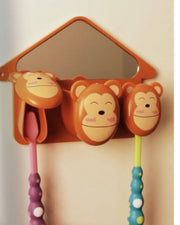 Premsons® Plastic Toothbrush & Toothpaste Holder for Kids - Cartoon Monkey Bathroom Toiletries Case with Mirror - Wall Mounted Tooth Brush & Paste Dispenser for Children - 3 Slot Storage Organizer