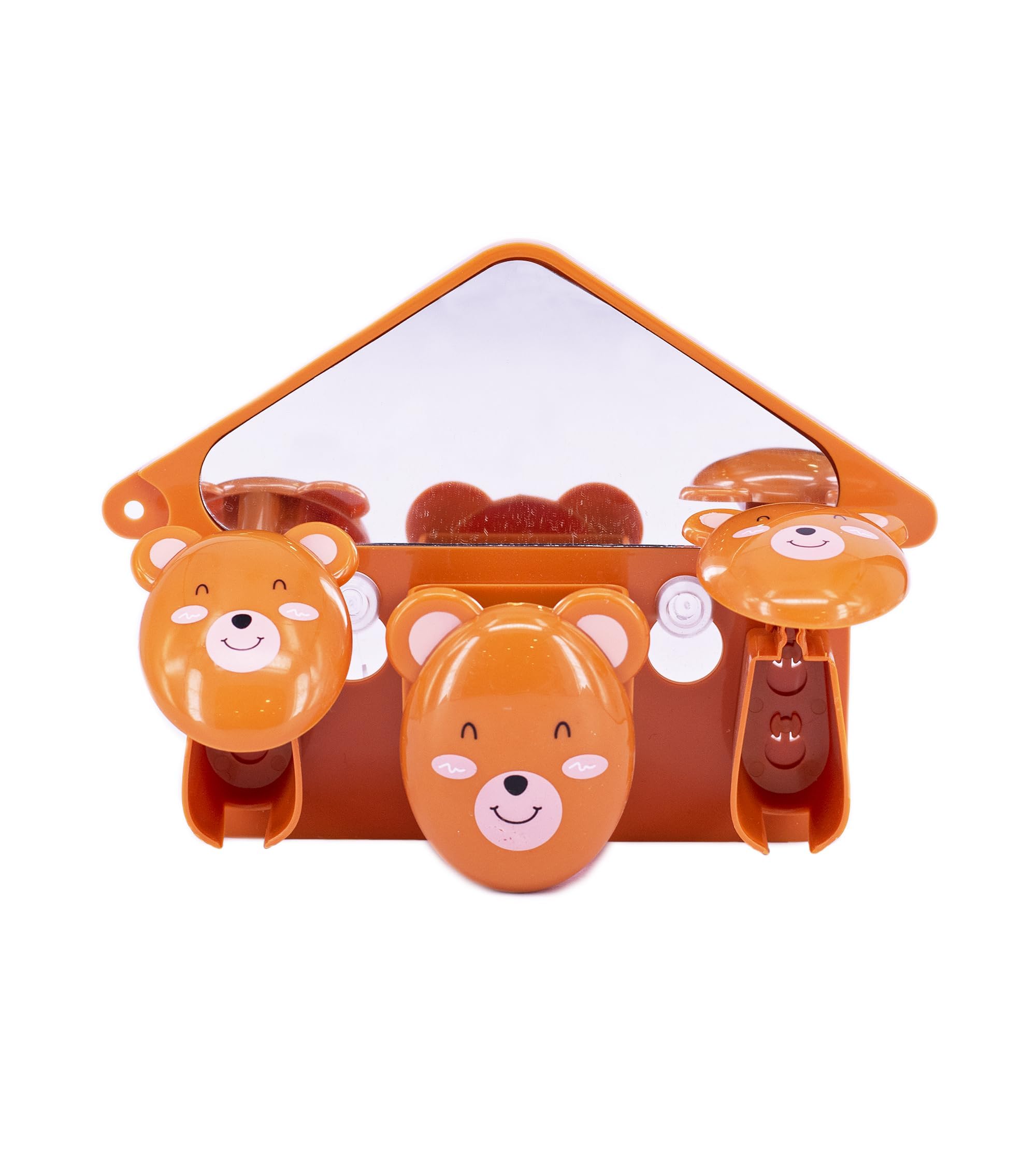 Premsons® Plastic Toothbrush & Toothpaste Holder for Kids - Cartoon Monkey Bathroom Toiletries Case with Mirror - Wall Mounted Tooth Brush & Paste Dispenser for Children - 3 Slot Storage Organizer