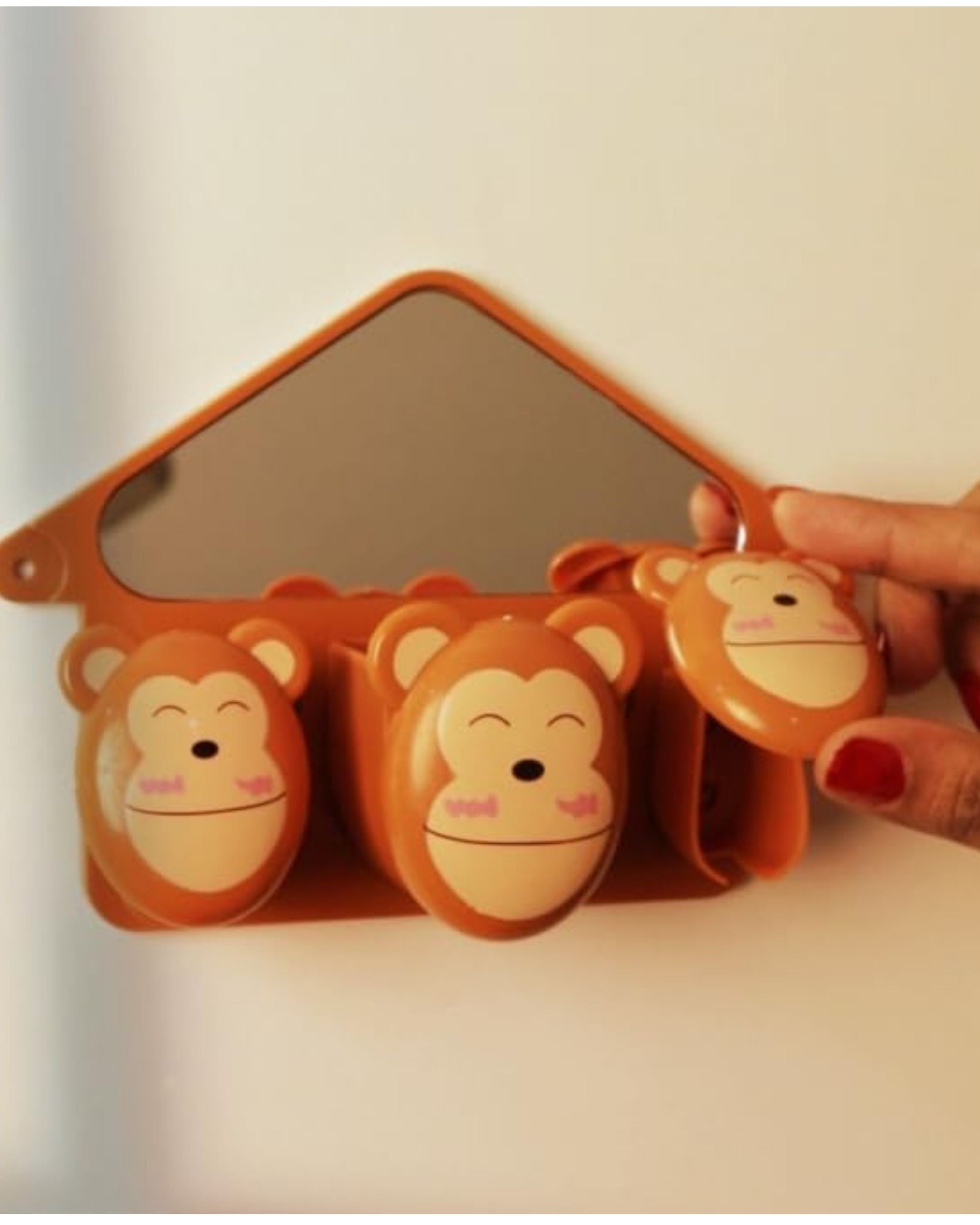 Premsons® Plastic Toothbrush & Toothpaste Holder for Kids - Cartoon Monkey Bathroom Toiletries Case with Mirror - Wall Mounted Tooth Brush & Paste Dispenser for Children - 3 Slot Storage Organizer