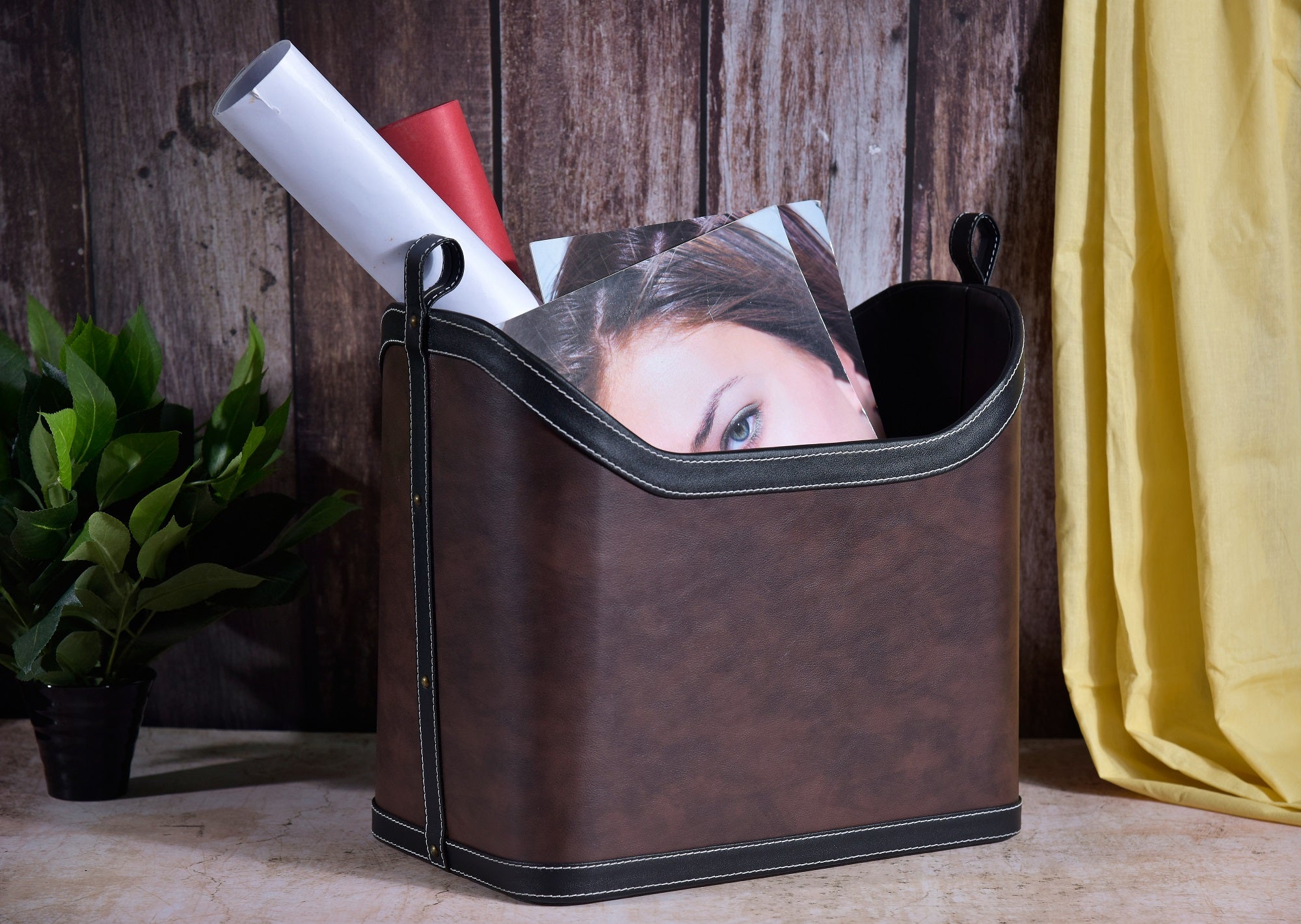 Premsons® Magazine Holder - Faux Leather Magazine Rack & Organizer for Home & Office - Leatherette Stand for Books, Magazines, Documents, & Files - Perfect for Study & Living Room - Dark Brown + Black