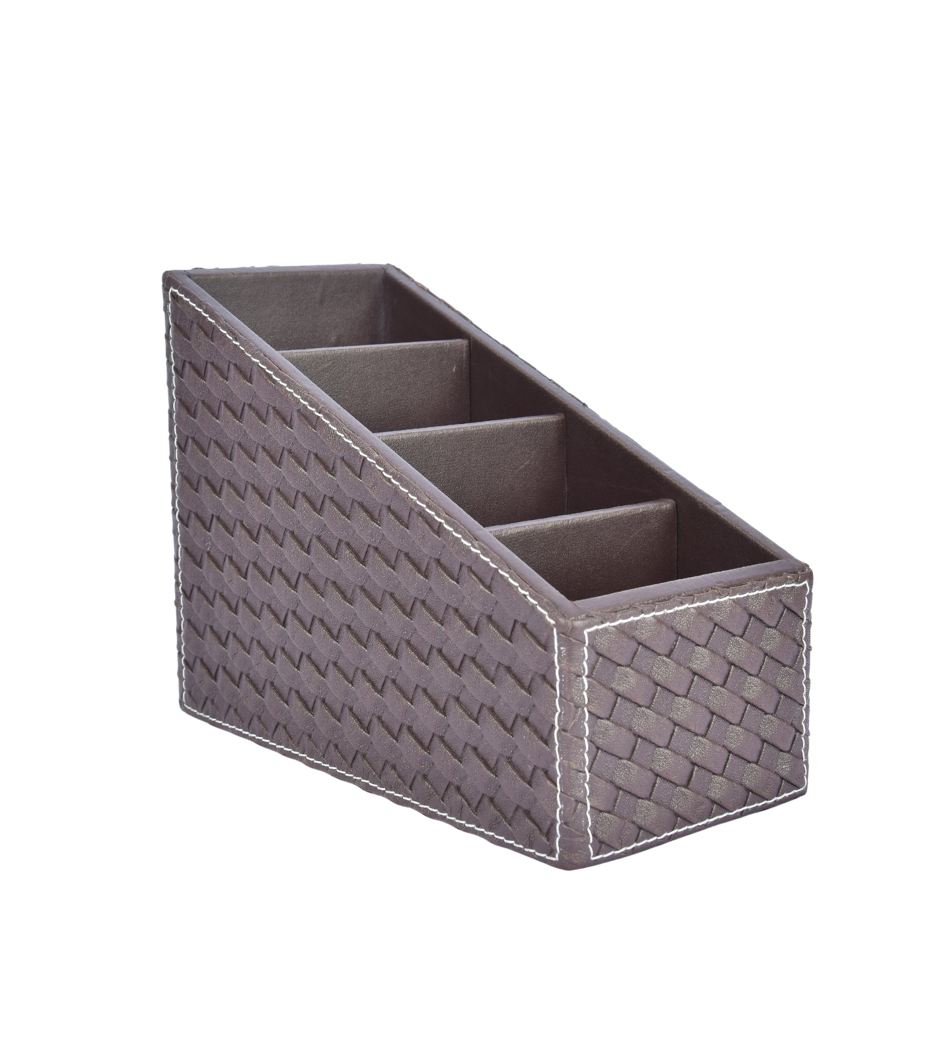 Woven remote holder with four compartments, textured dark fabric organizer