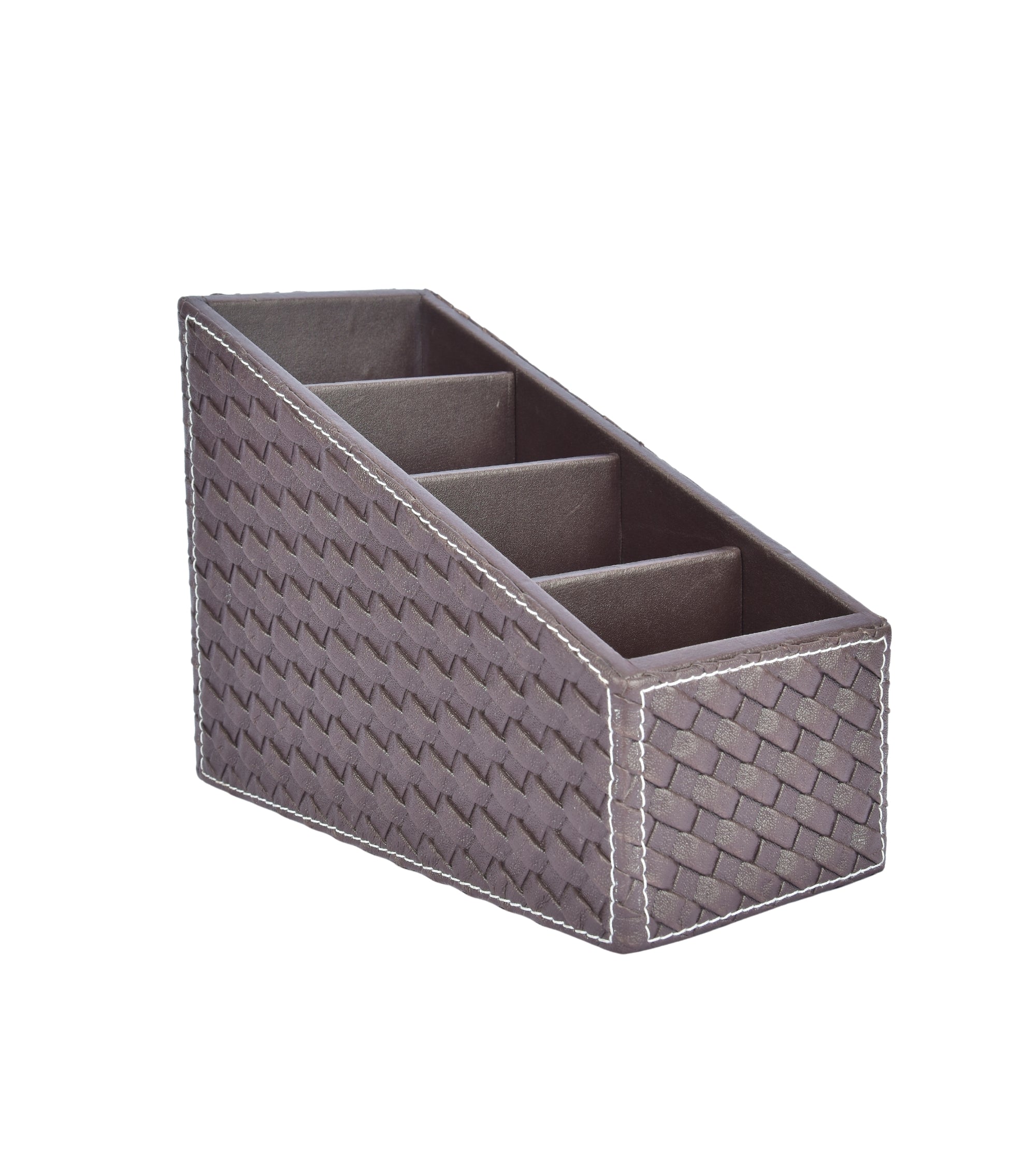 Woven remote holder with four compartments, textured dark fabric organizer