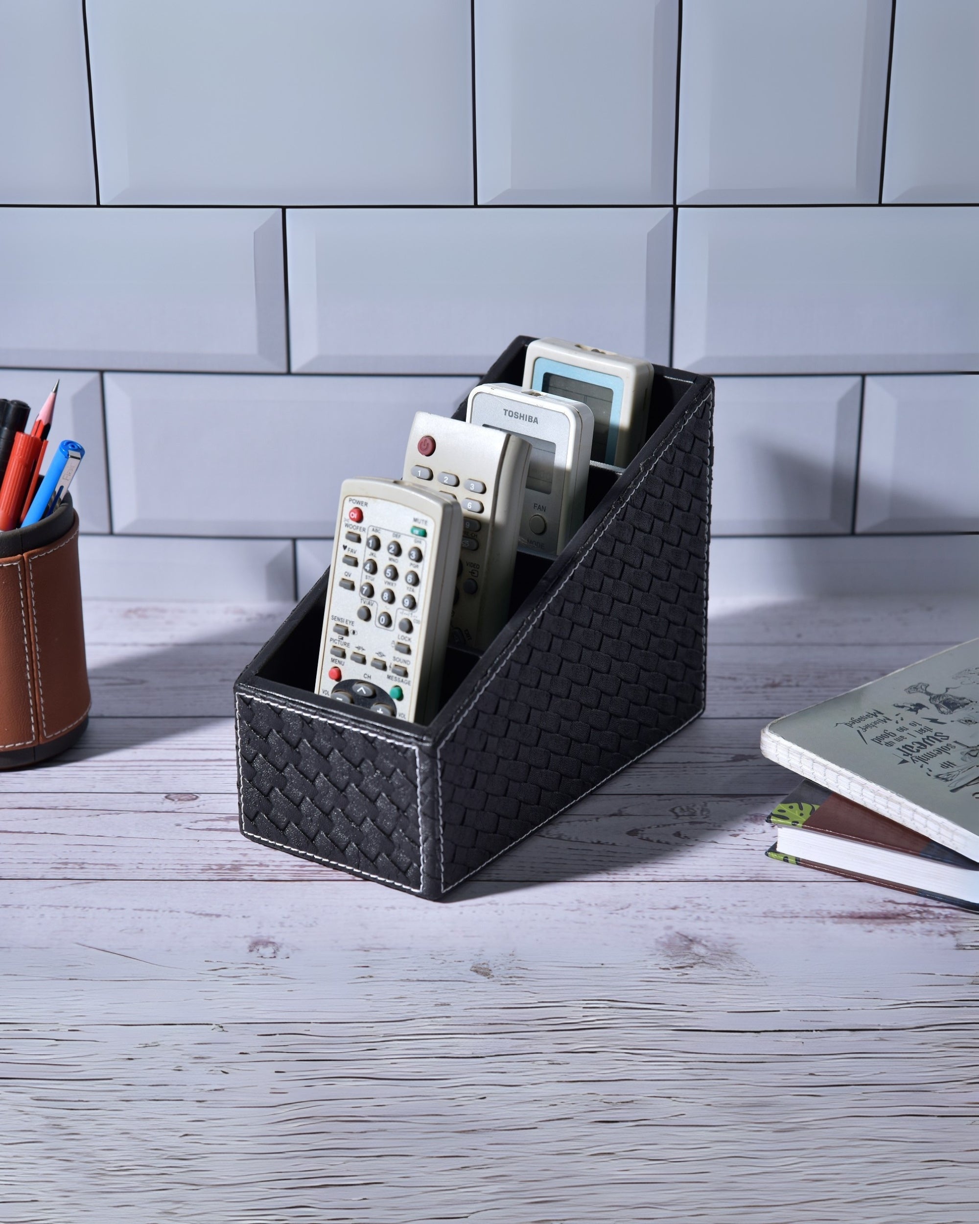 Premsons® Woven Remote Holder - Stylish Organizer - 4 Compartments - Black