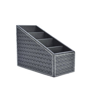 Black woven organizer bin with 4 internal compartments and textured fabric
