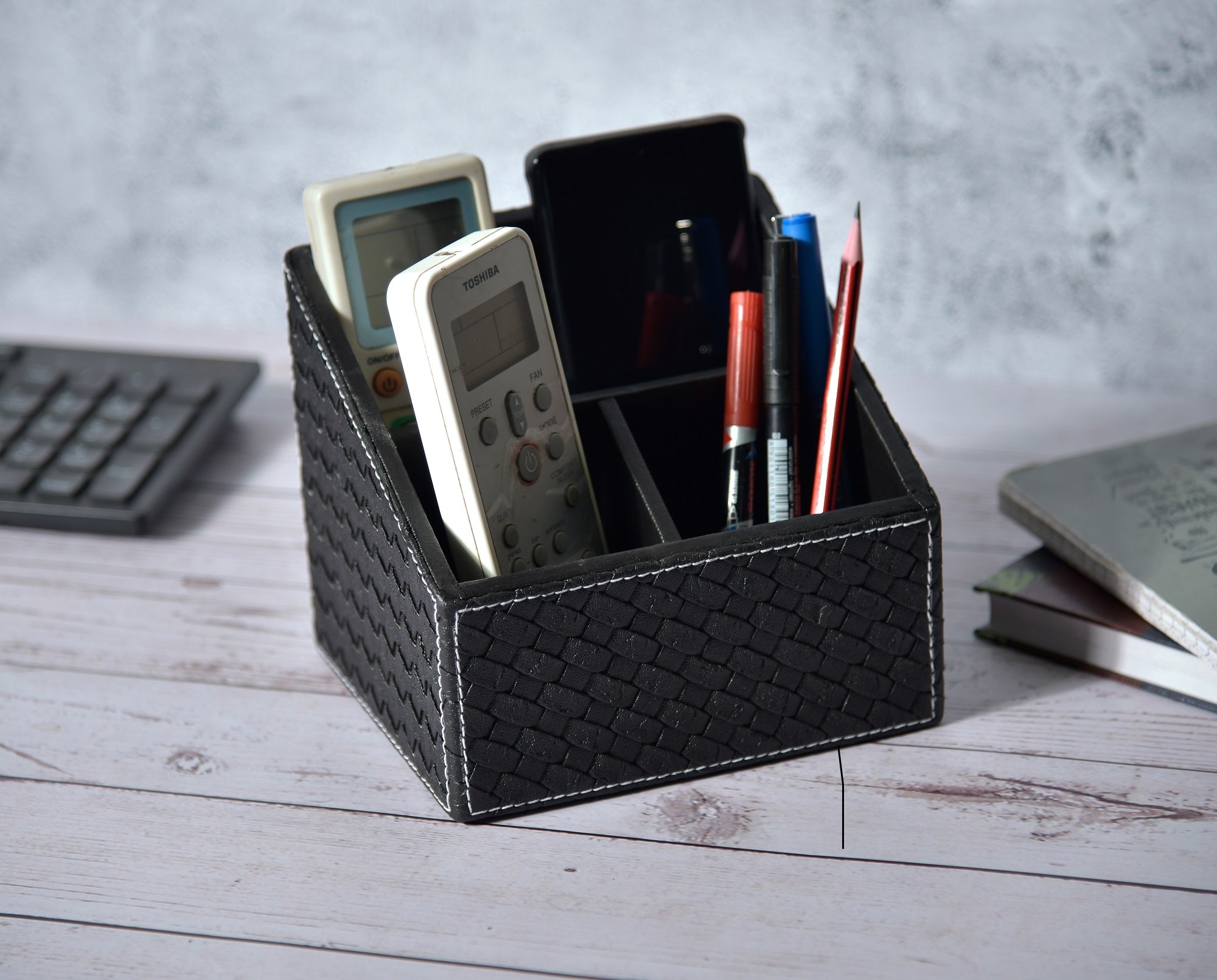 Woven remote holder with 3 compartments, rectangular dark fabric organizer