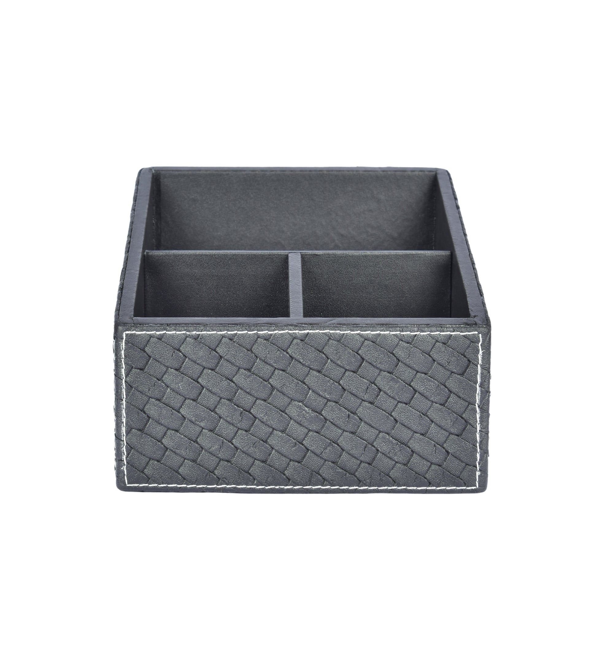 Rectangular woven remote holder with three divided sections, dark textured fabric