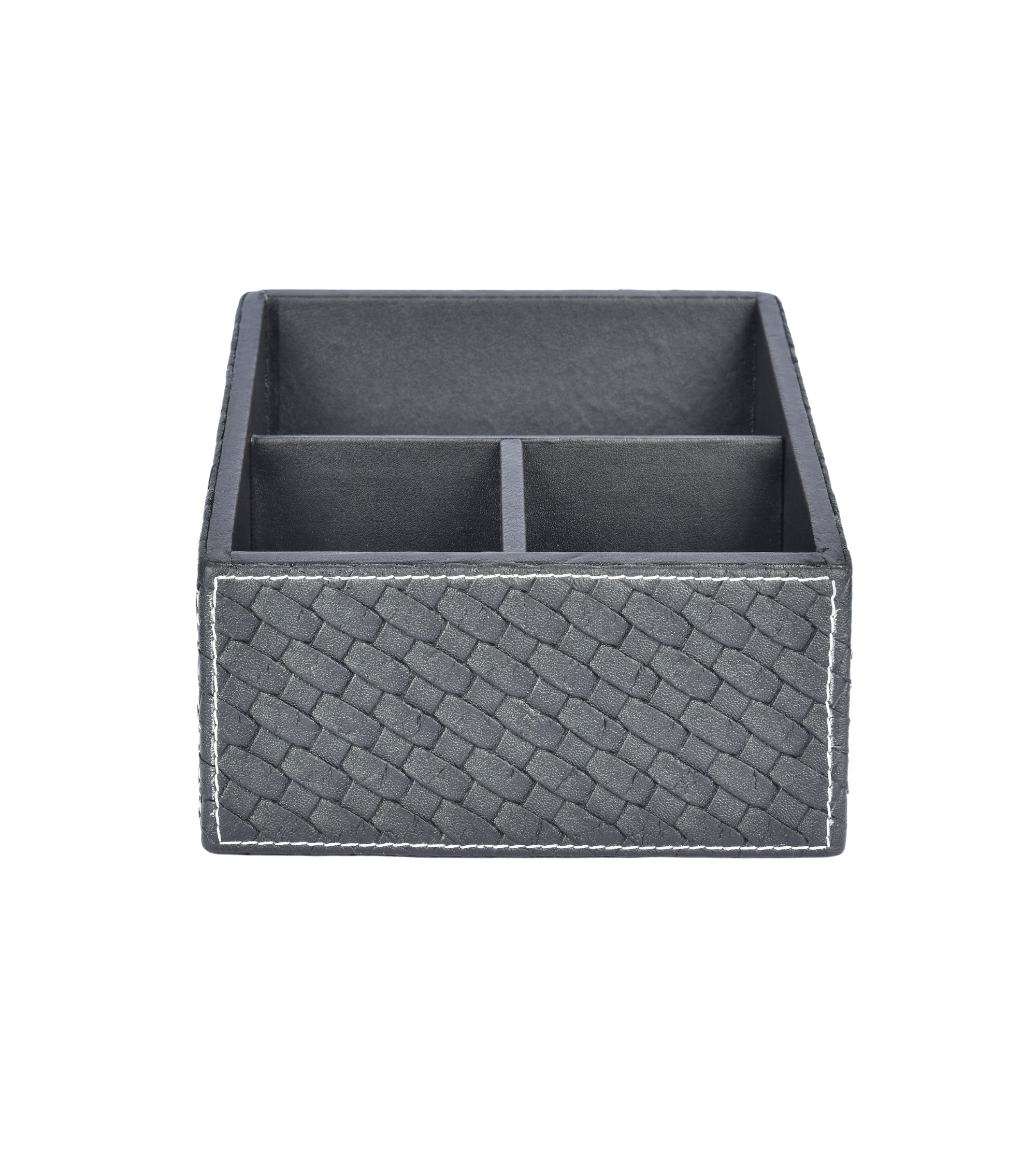 Rectangular woven remote holder with three divided sections, dark textured fabric