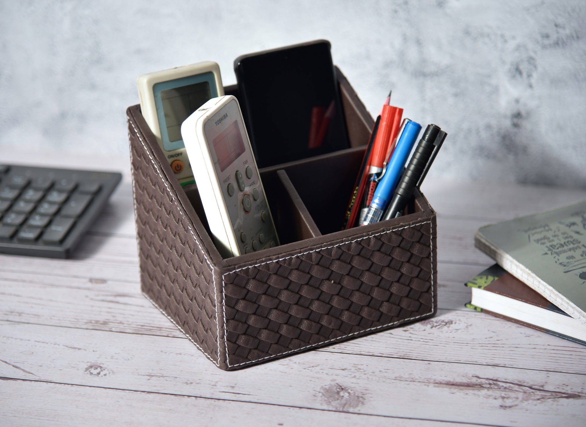 Premsons® Woven Remote Holder - Stylish Organizer - 3 Compartments - Rectangle - Brown