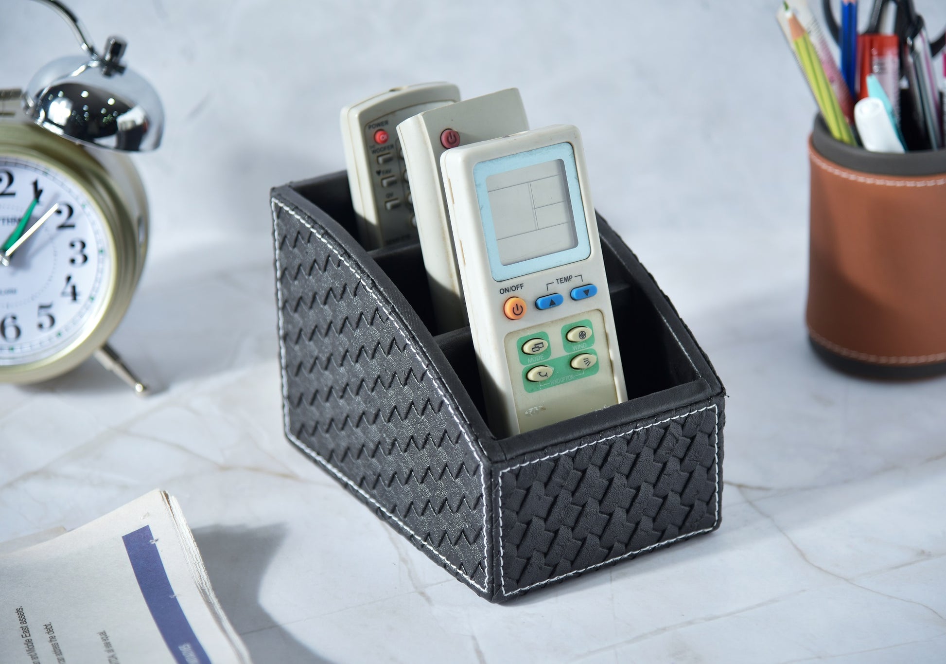 Premsons® woven remote holder, black, three-compartment organizer with curved sides