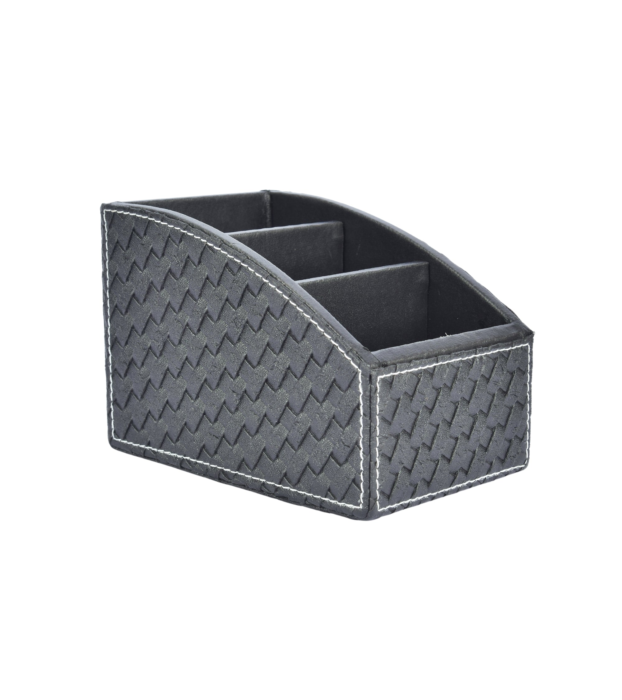 Black woven remote holder with three inner sections and curved open-top design