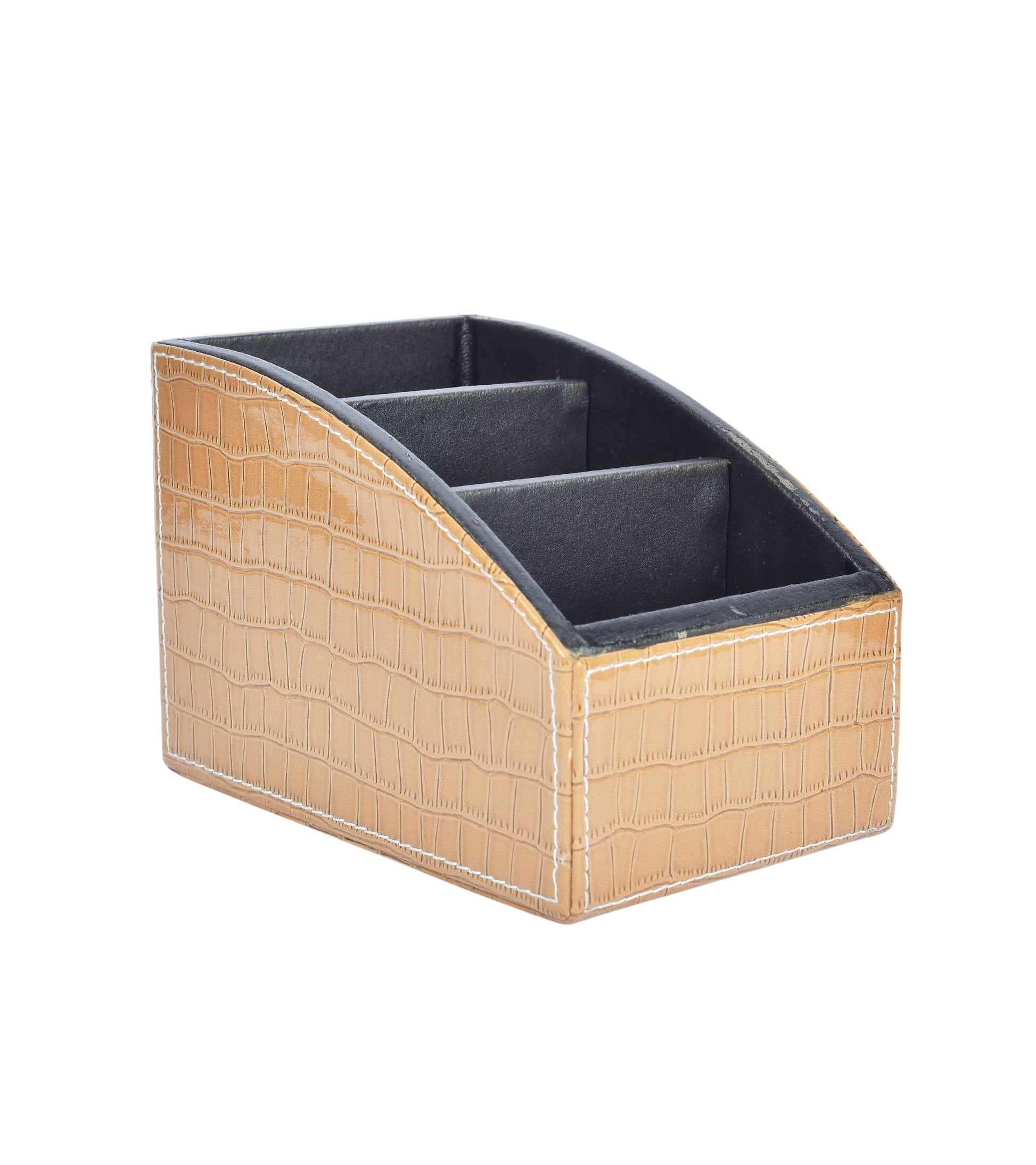 Brown croc-texture remote holder with 3 compartments and curved edges