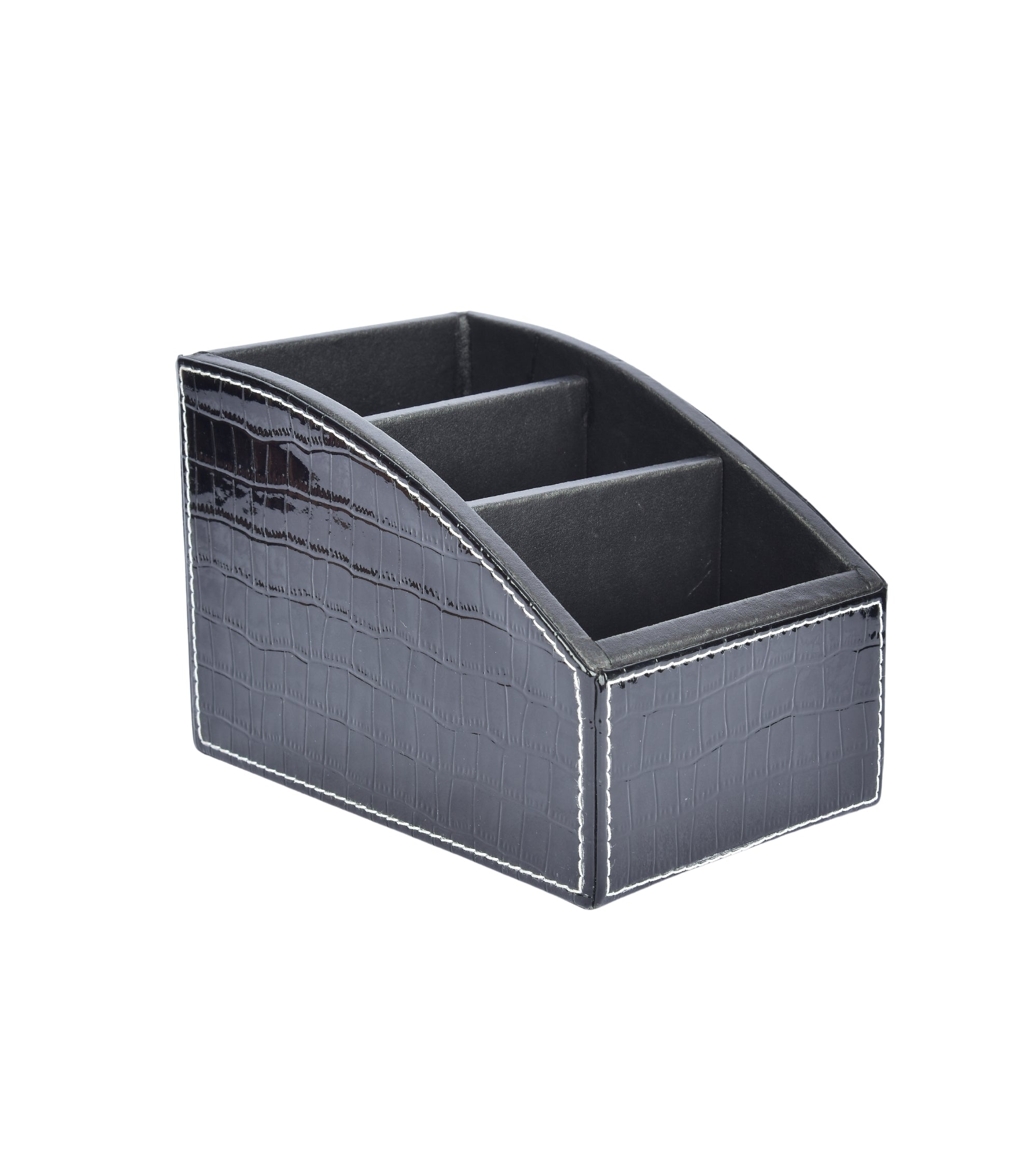 Black croc-texture remote holder with 3 compartments and curved edges