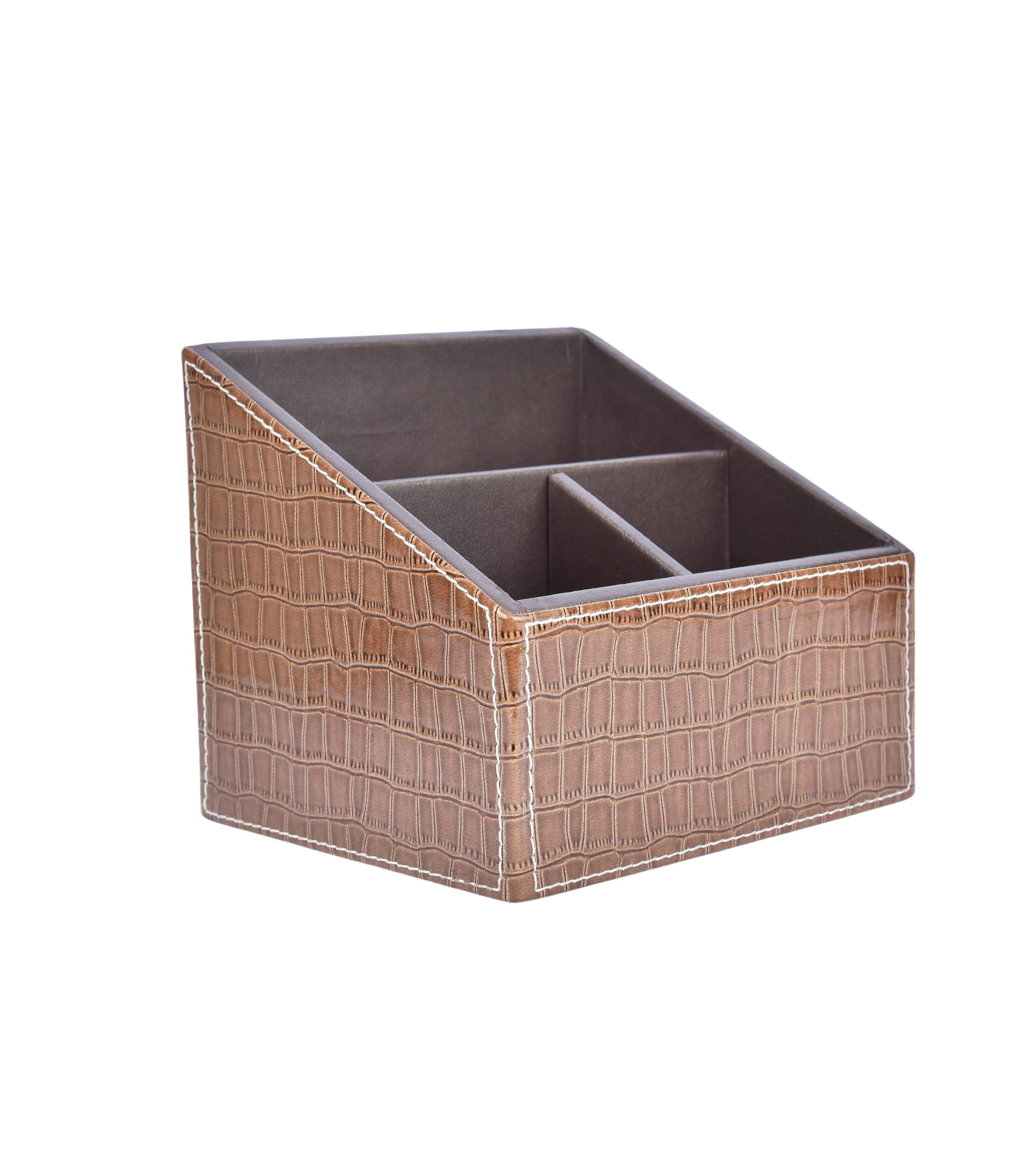 Rectangle croc-pattern remote organizer with 3 inner dividers, tan exterior, gray interior.