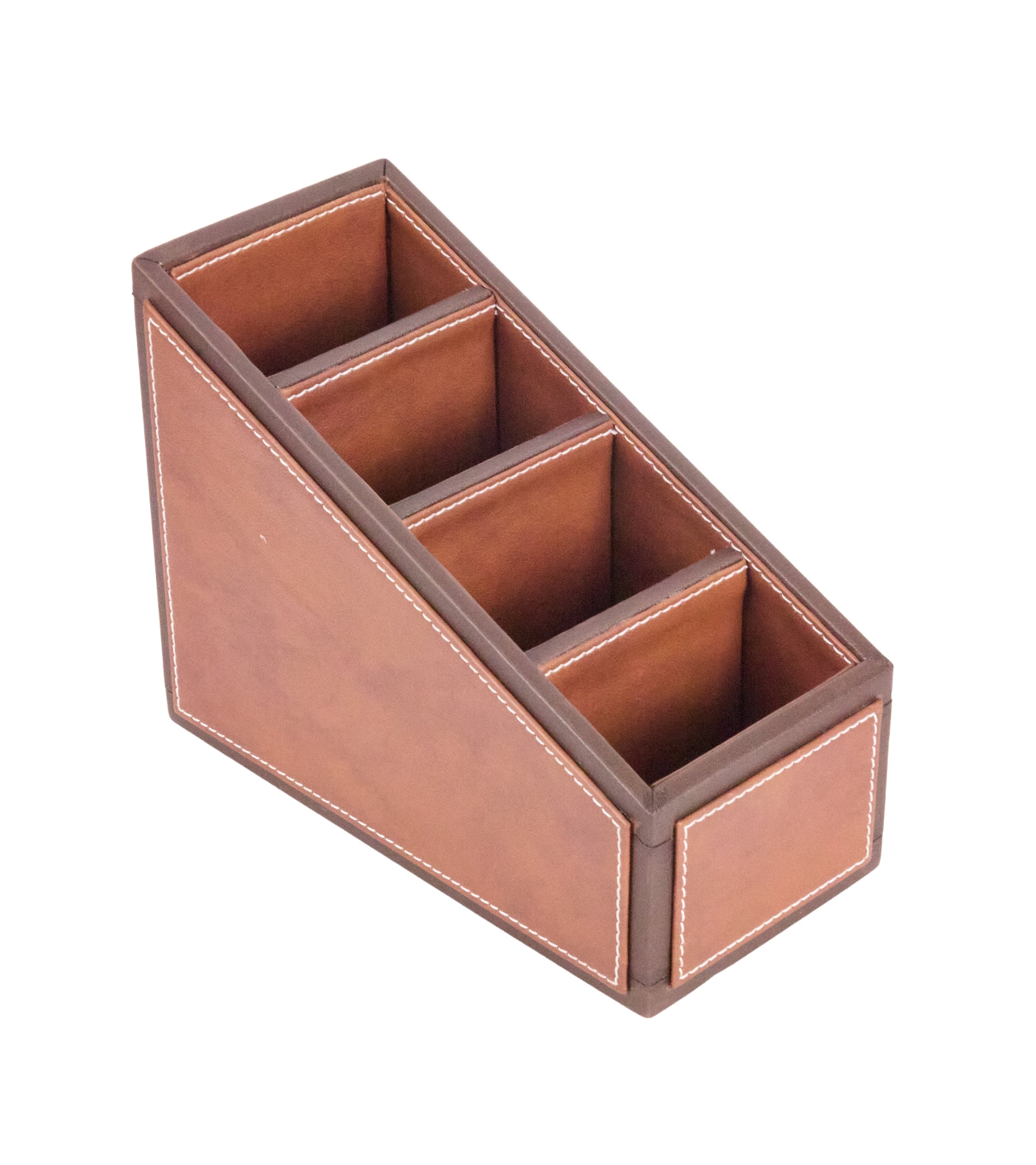 Two-tone 4-compartment pen organizer, light brown with compartment dividers and open top