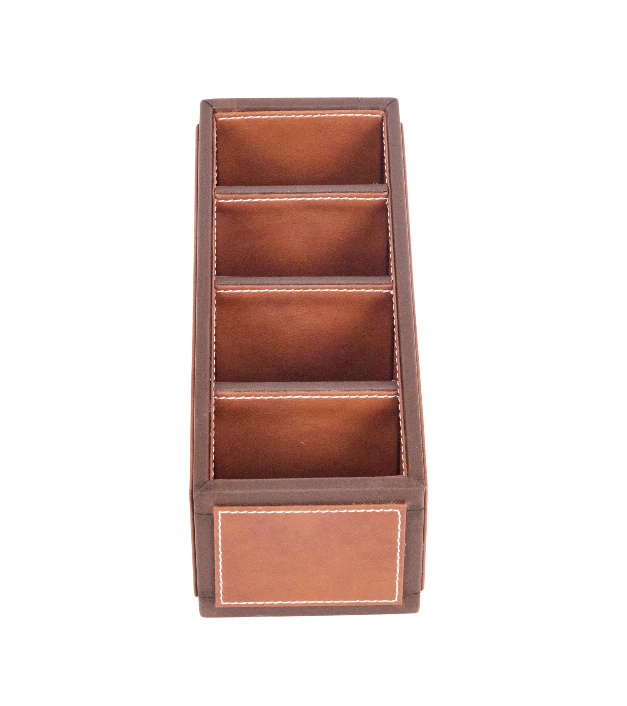 Two-tone 4-compartment pen organizer, light brown with contrast stitching and base panel