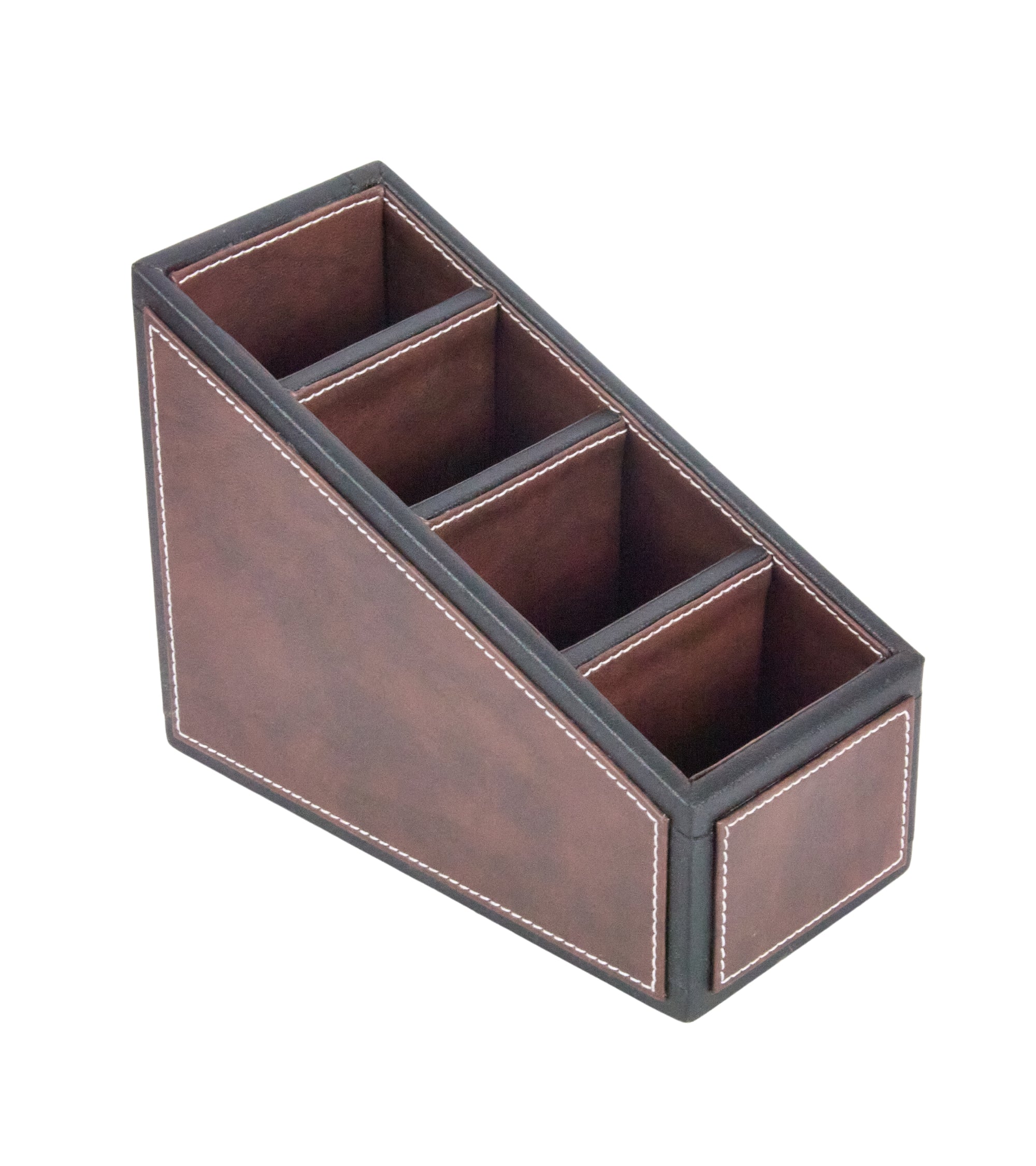 Two-tone 4-compartment pen organizer, brown with divider compartments and side panel