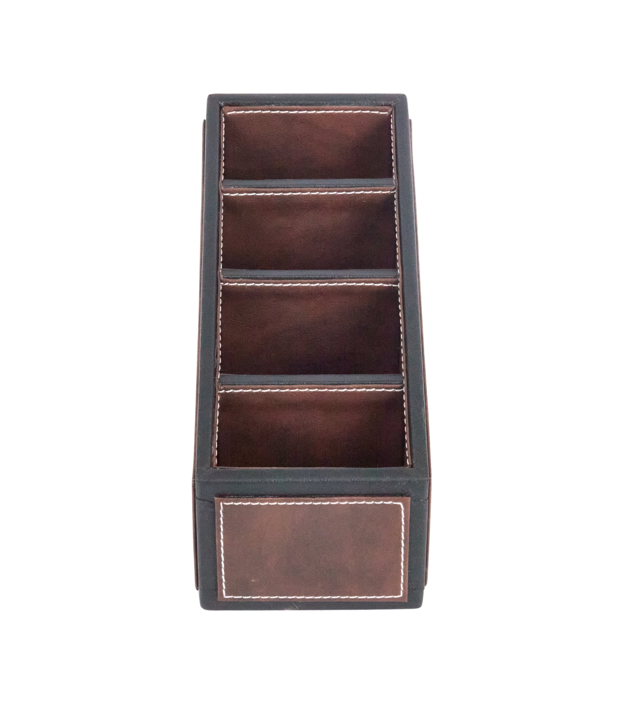 Two-tone 4-compartment pen organizer, dark brown with contrast stitching and base panel