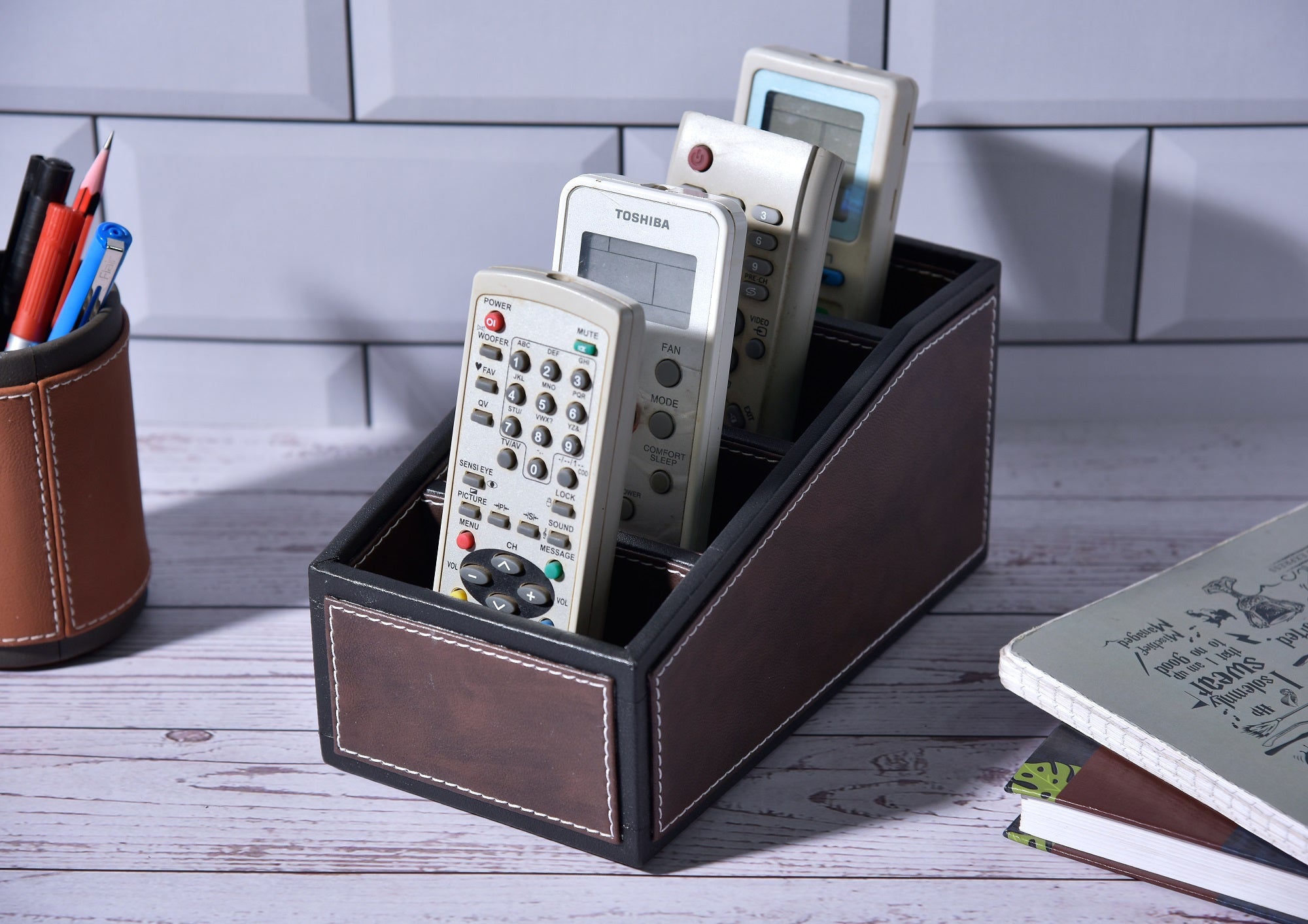 Premsons® Two Tone Remote Holder - Stylish Organizer - 4 Compartments - Curve - Dark Brown