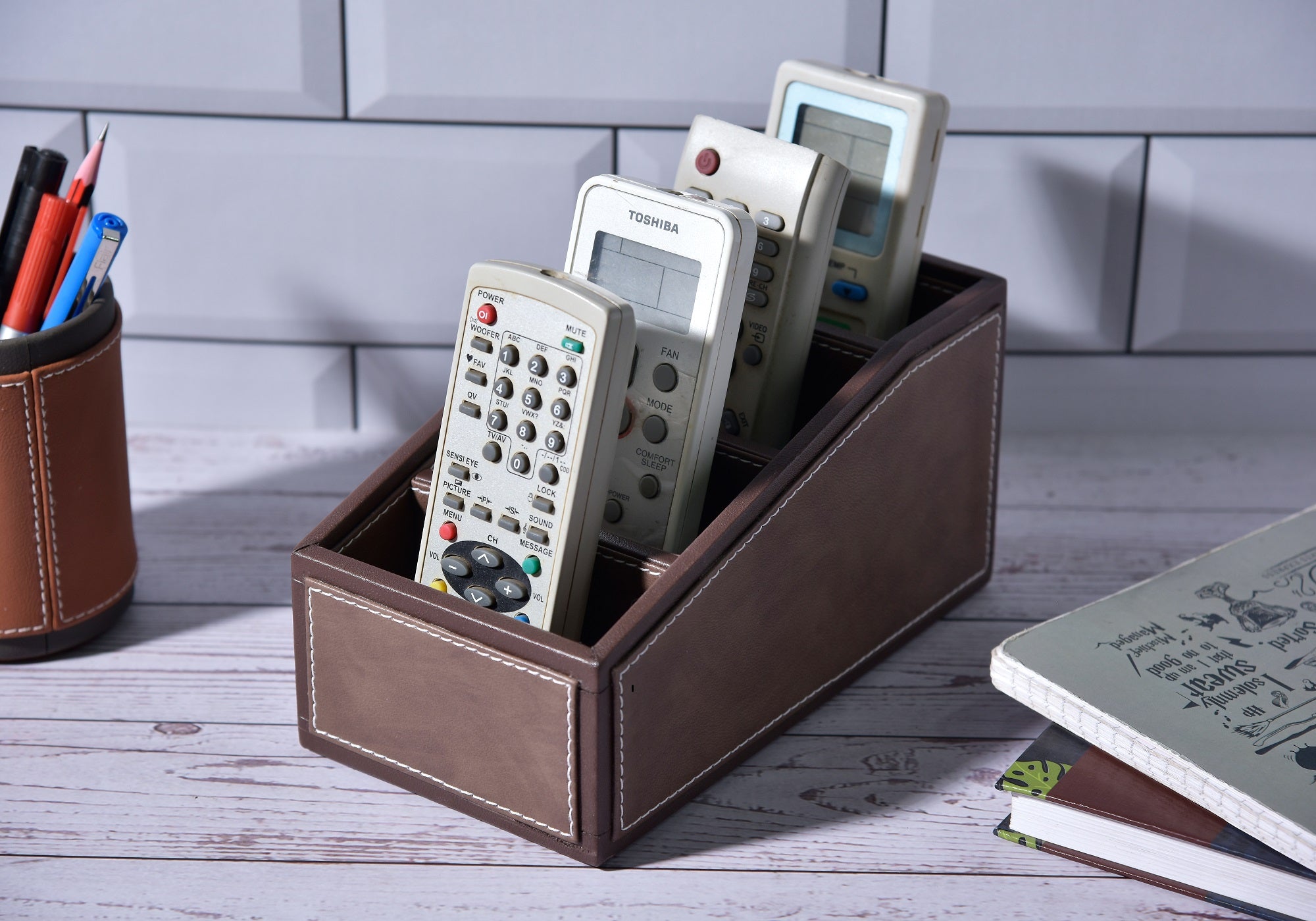 Premsons® Two Tone Remote Holder - Stylish Organizer - 4 Compartments - Curve - Brown