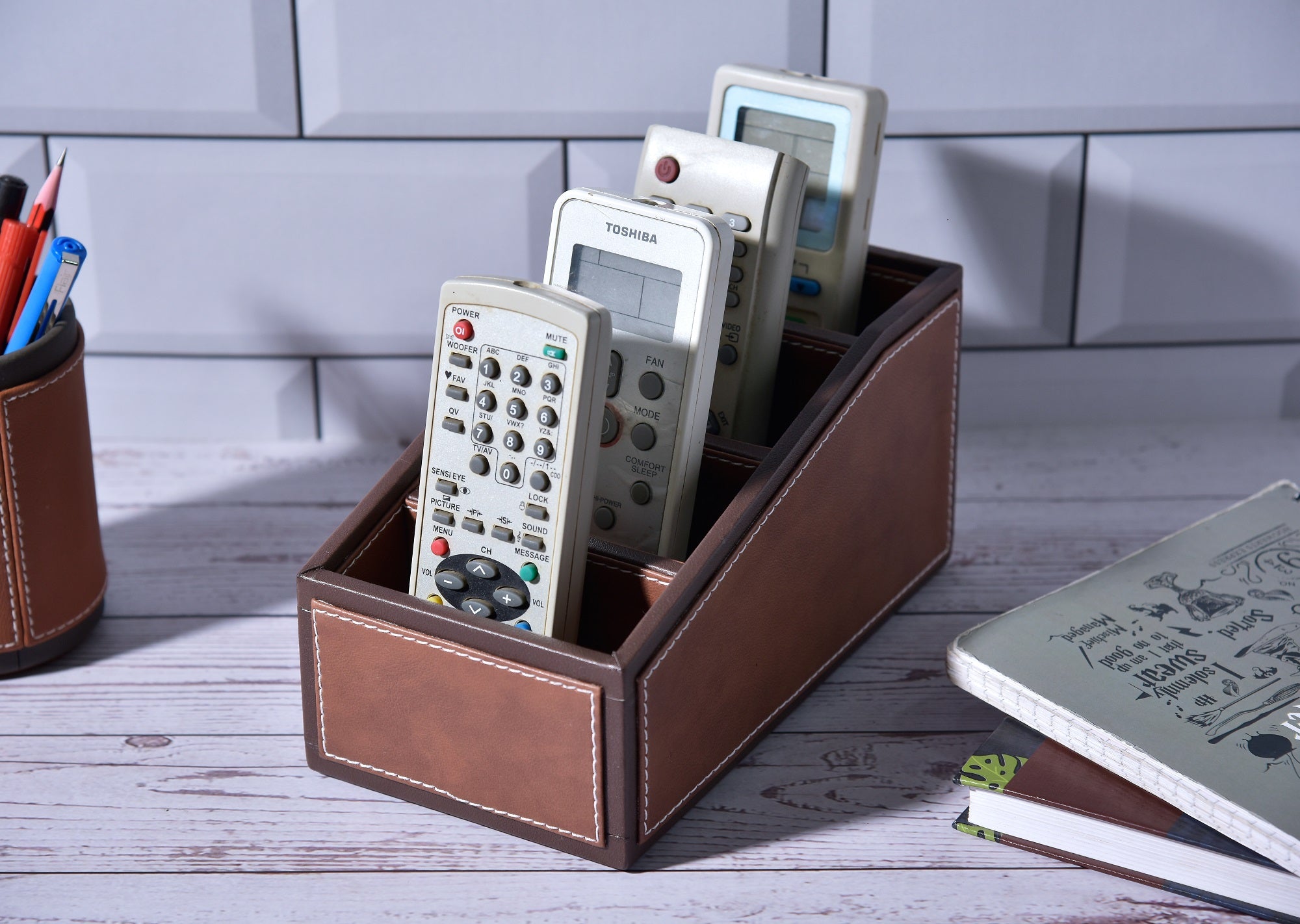 Premsons® Two Tone Remote Holder - Stylish Organizer - 4 Compartments - Curve - Dark Orange