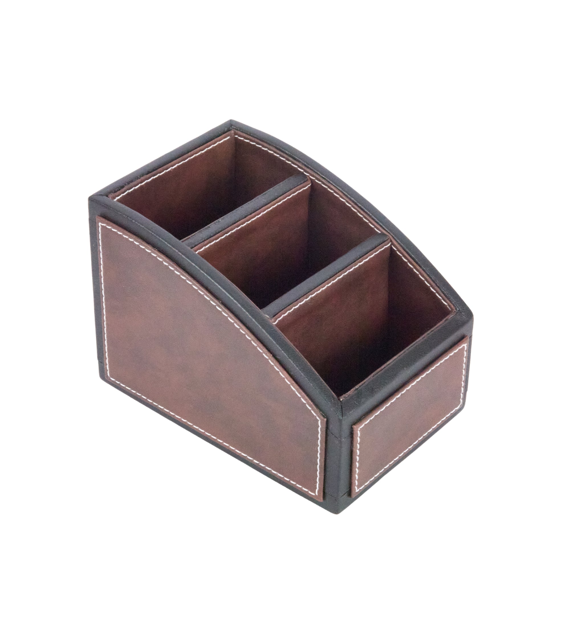 Two-tone remote holder with 3 compartments; dark brown organizer with contrast side panel