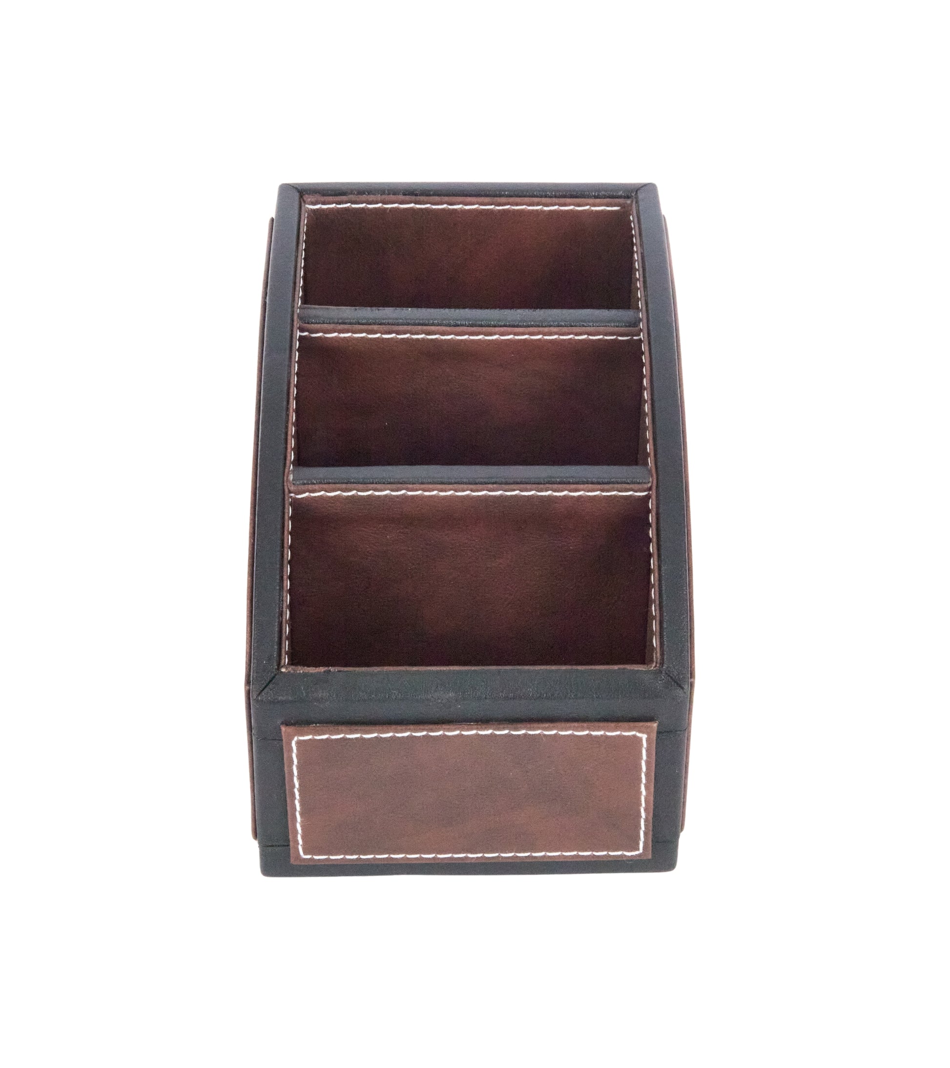 Two-tone remote holder, 3 compartments; brown with light trim and front bottom drawer
