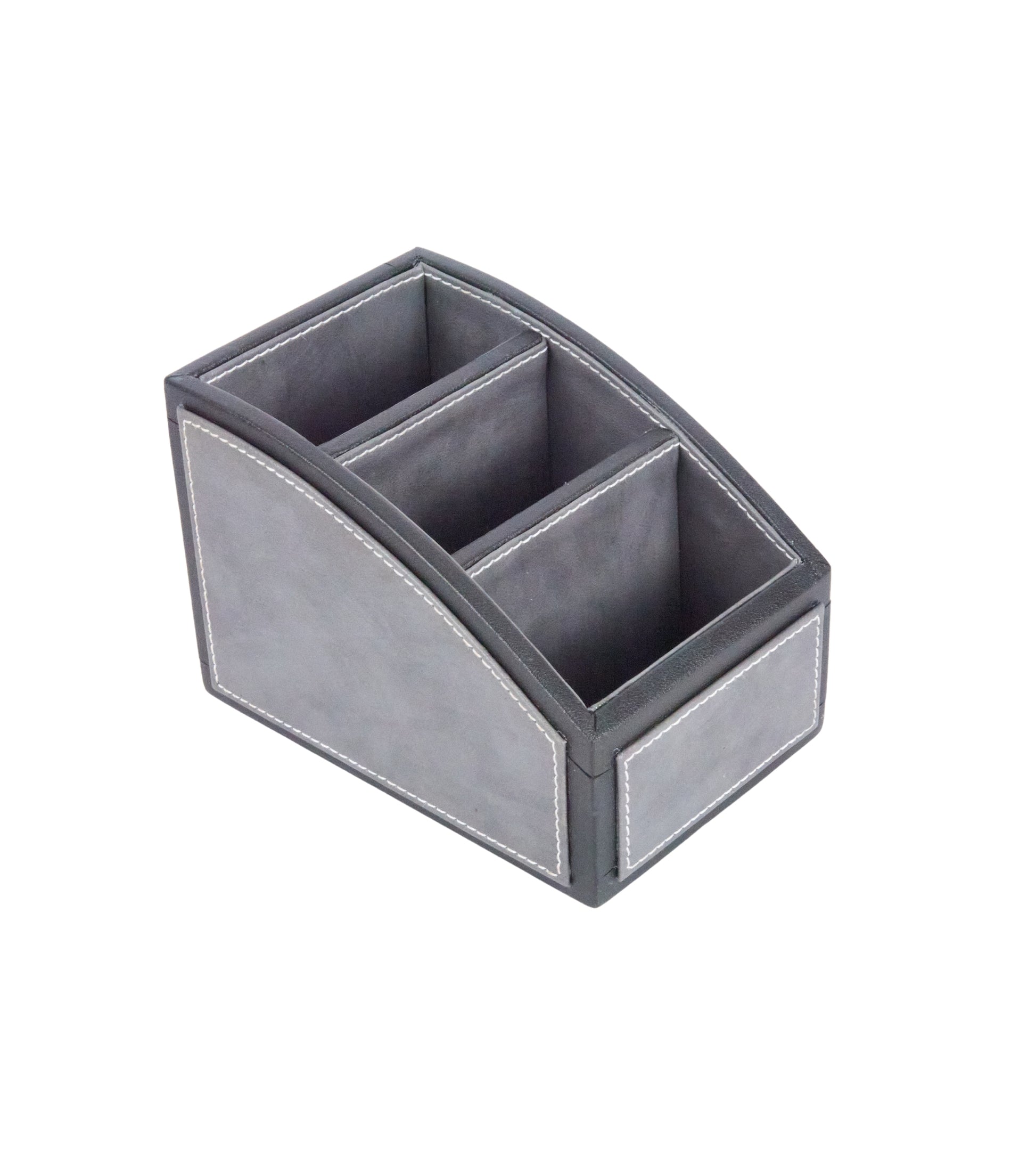 Two-tone remote holder with 3 compartments; grey organizer box with stitched edges