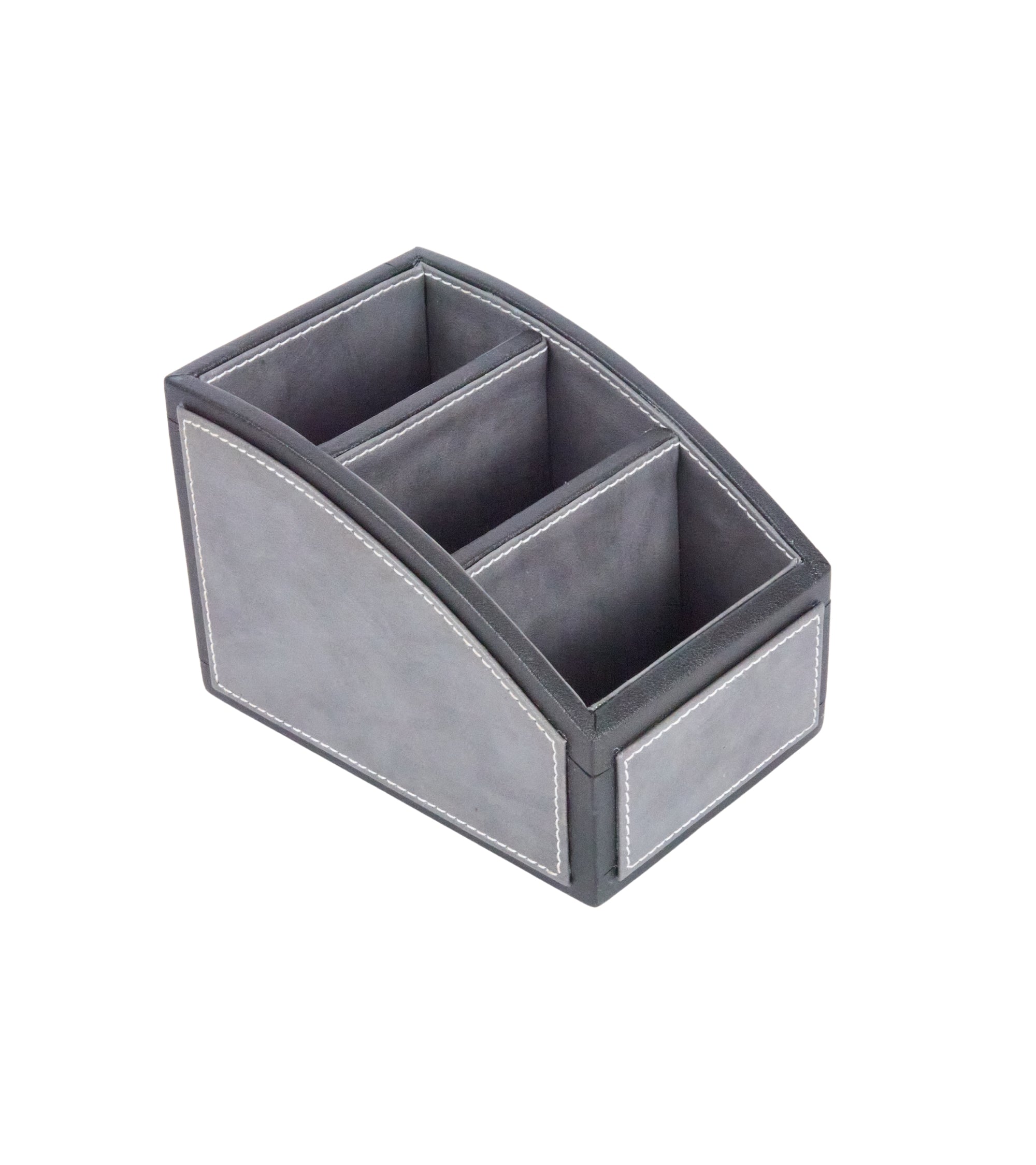 Two-tone remote holder with 3 compartments; grey organizer box with stitched edges